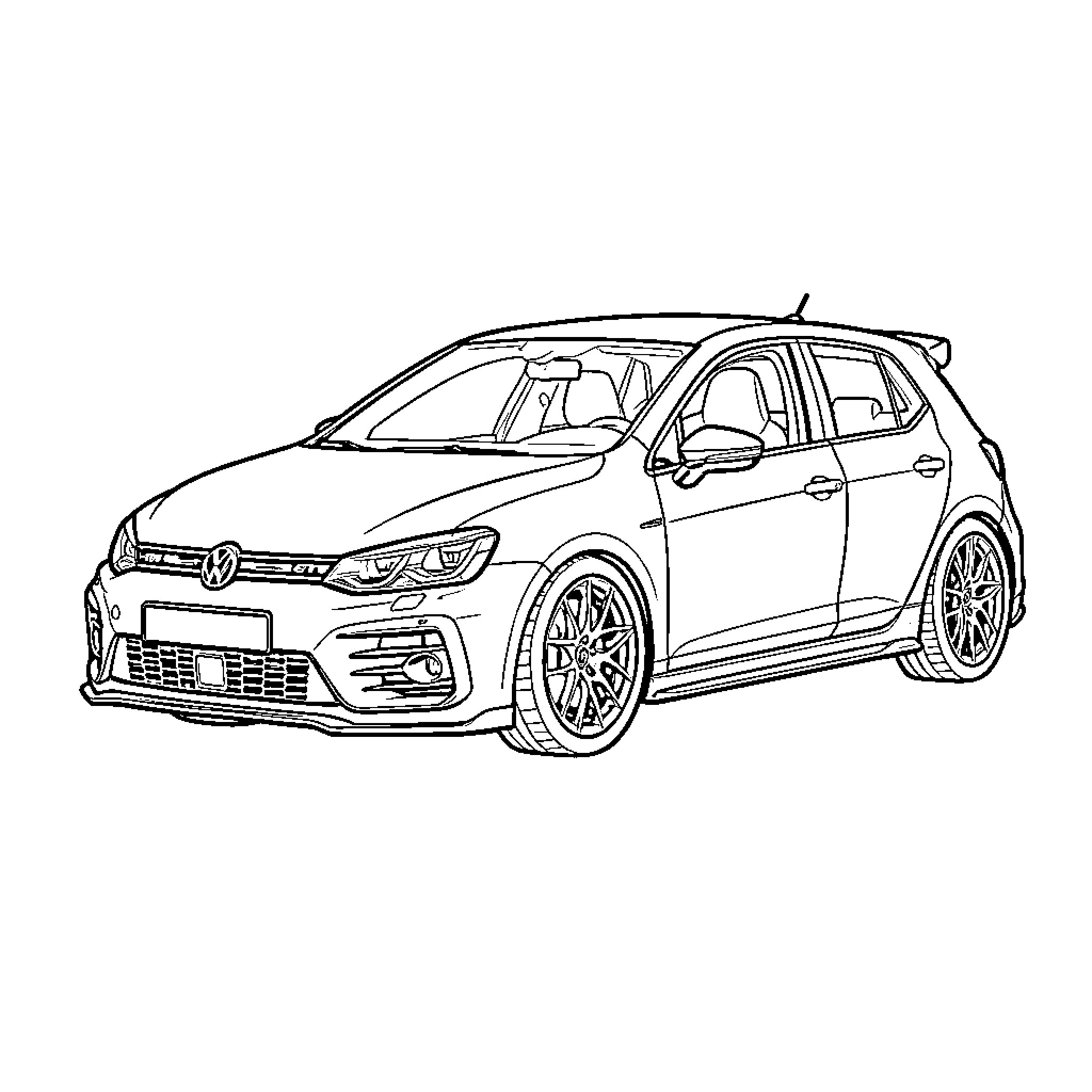 Golf GTI parked and viewed from a front angle Coloring Page (free black-and-white line drawing printable PDF for all, from beginners to advanced learners, including children, teens, adults, and seniors)