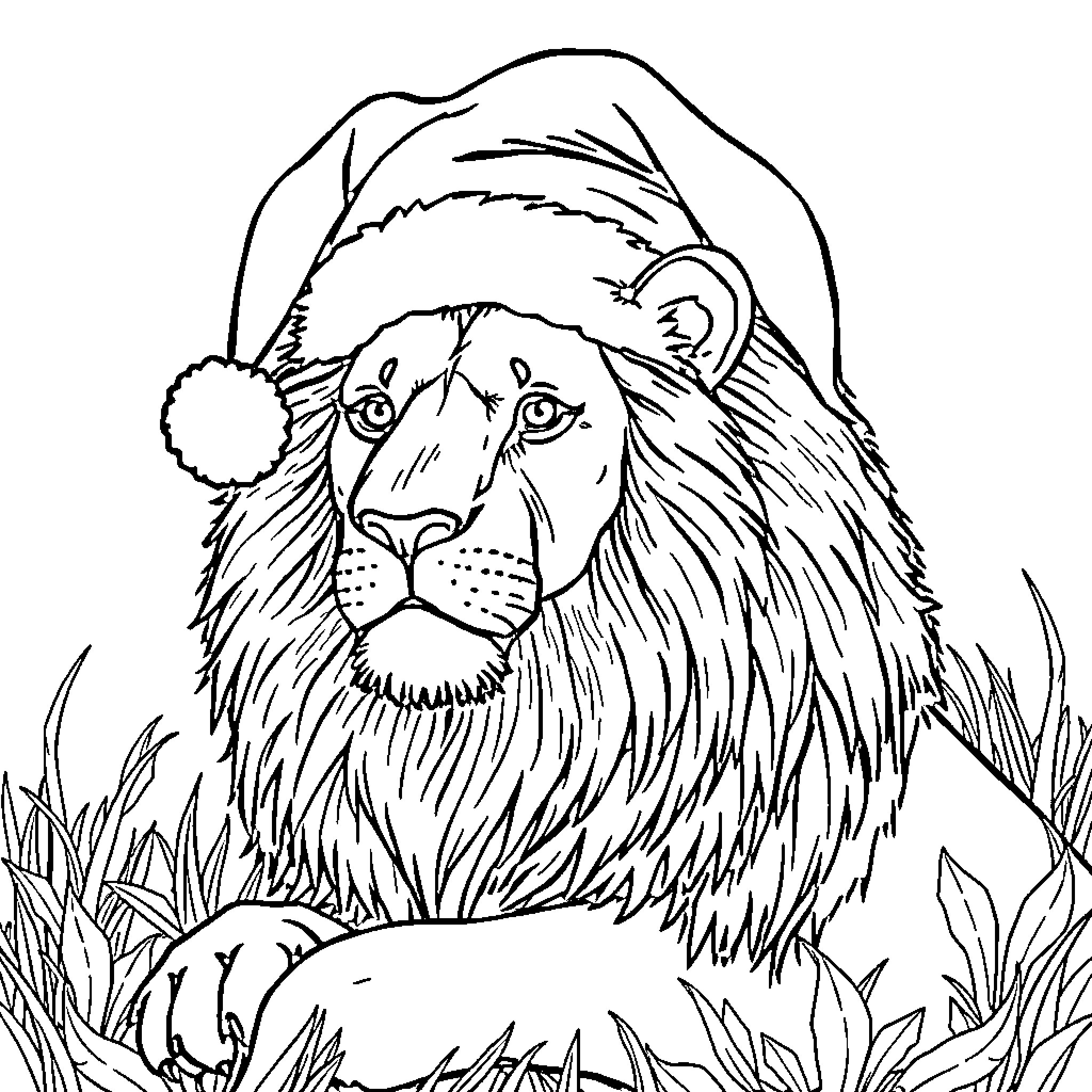 Lion wearing a Santa hat in the grass Coloring Page (free black-and-white line drawing printable PDF for all, from beginners to advanced learners, including children, teens, adults, and seniors)
