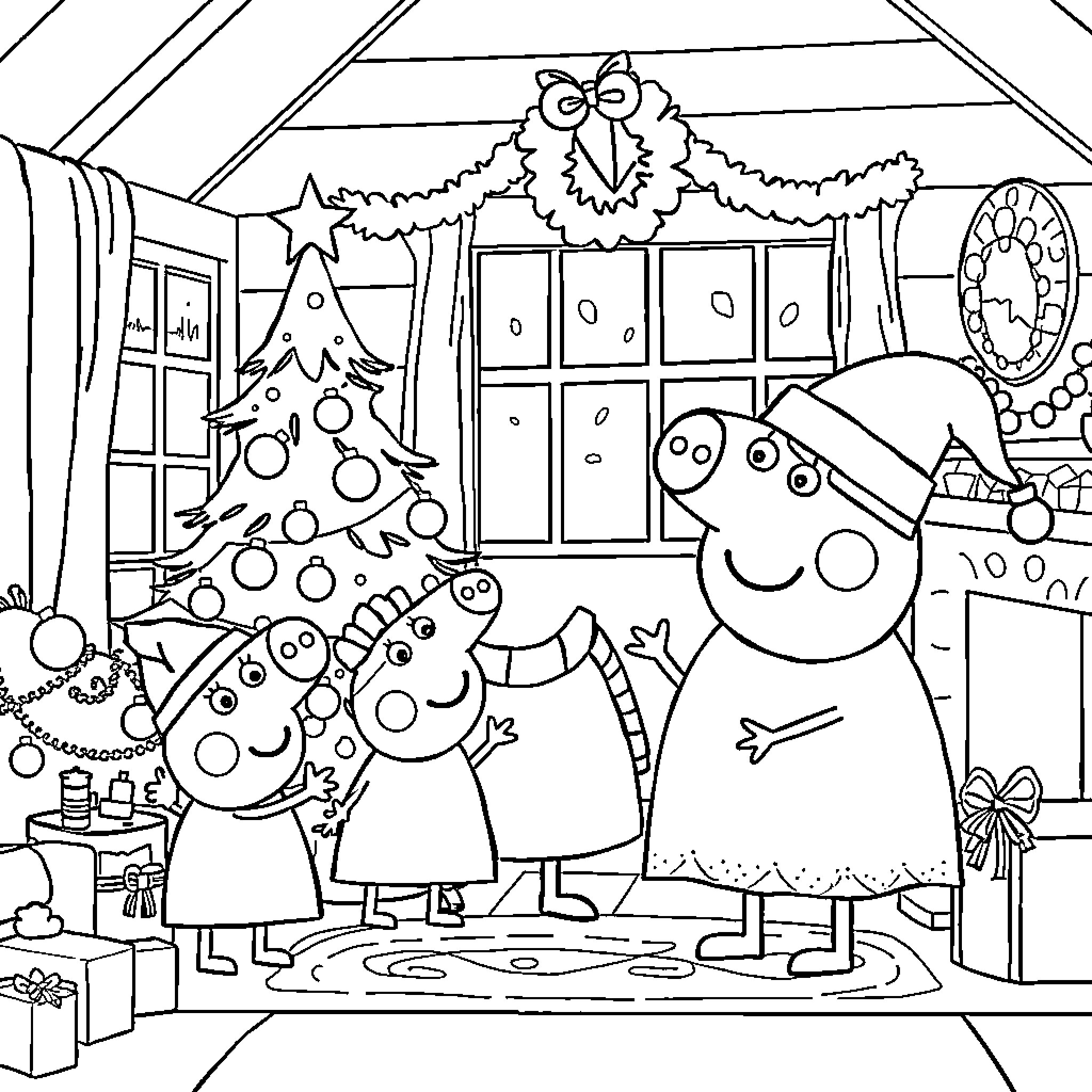 Peppa Pig's Christmas celebration with family Coloring Page (free black-and-white line drawing printable PDF for all, from beginners to advanced learners, including children, teens, adults, and seniors)