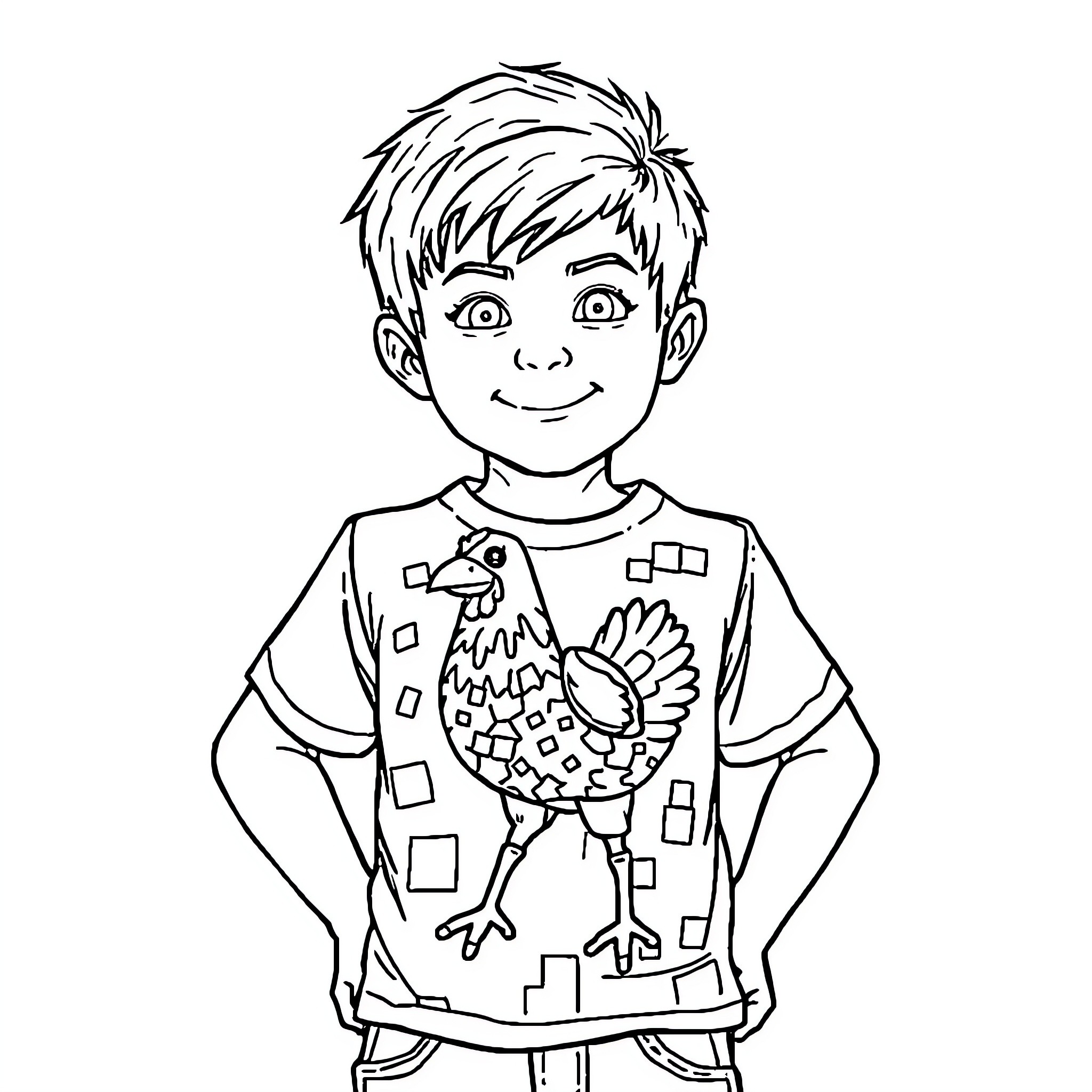Boy delighted by colorful cartoon design on shirt Coloring Page (free black-and-white line drawing printable PDF for all, from beginners to advanced learners, including children, teens, adults, and seniors)