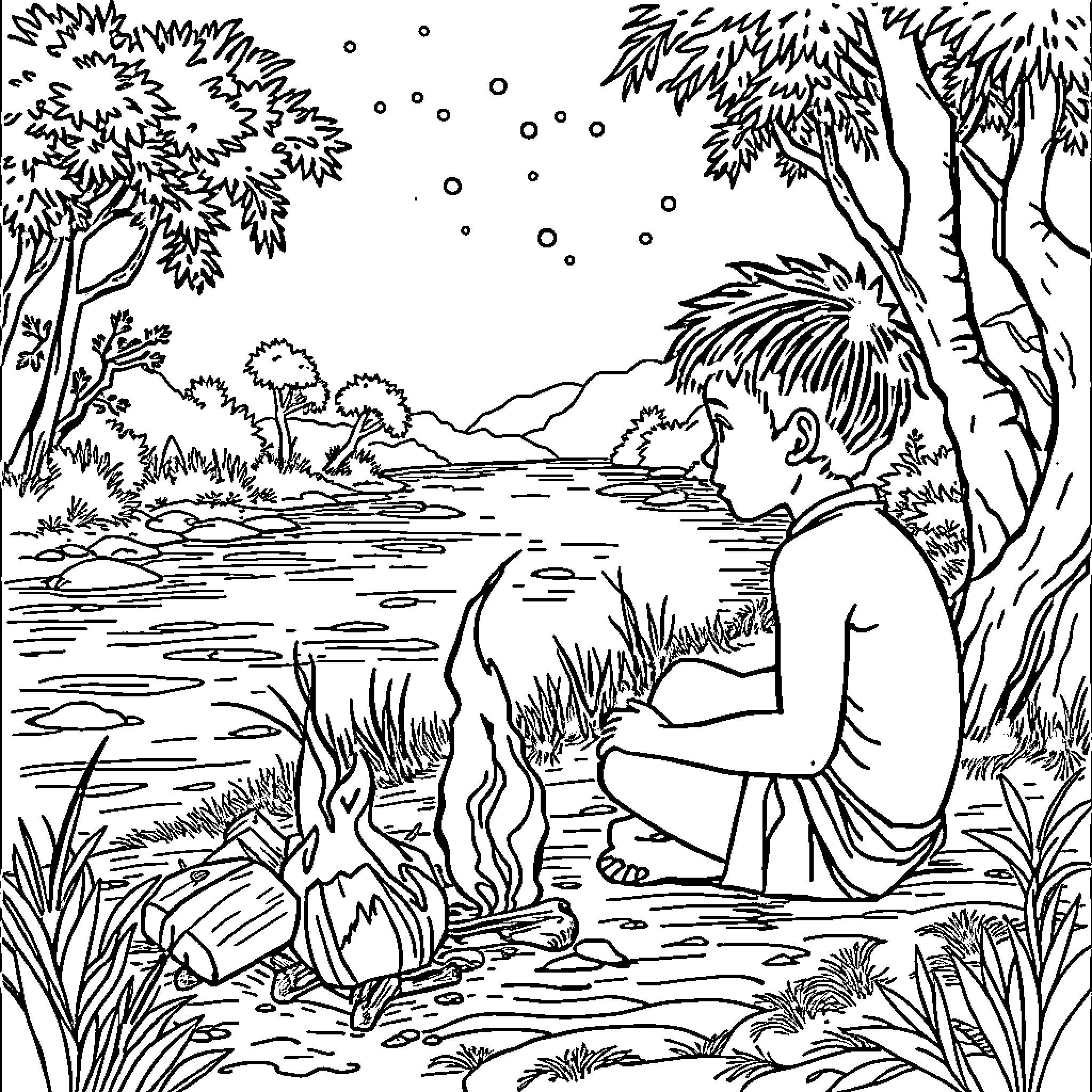 Boy observing nature by the lake Coloring Page (free black-and-white line drawing printable PDF for all, from beginners to advanced learners, including children, teens, adults, and seniors)