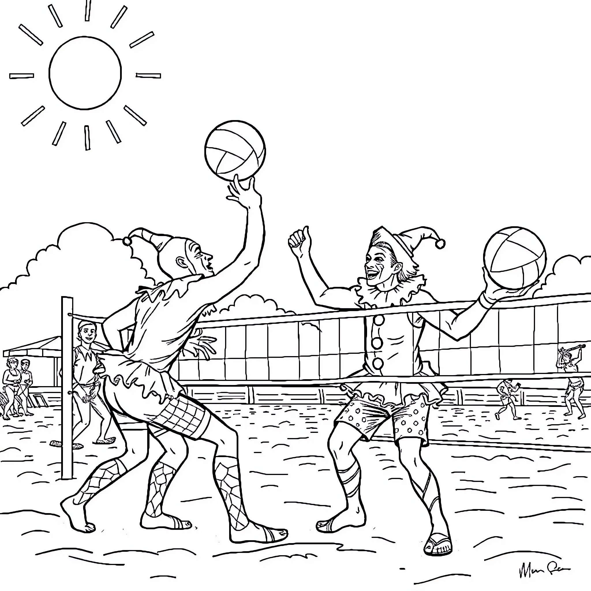 Clown performers playing volleyball in a playful scene Coloring Page (free black-and-white line drawing printable PDF for all, from beginners to advanced learners, including children, teens, adults, and seniors)