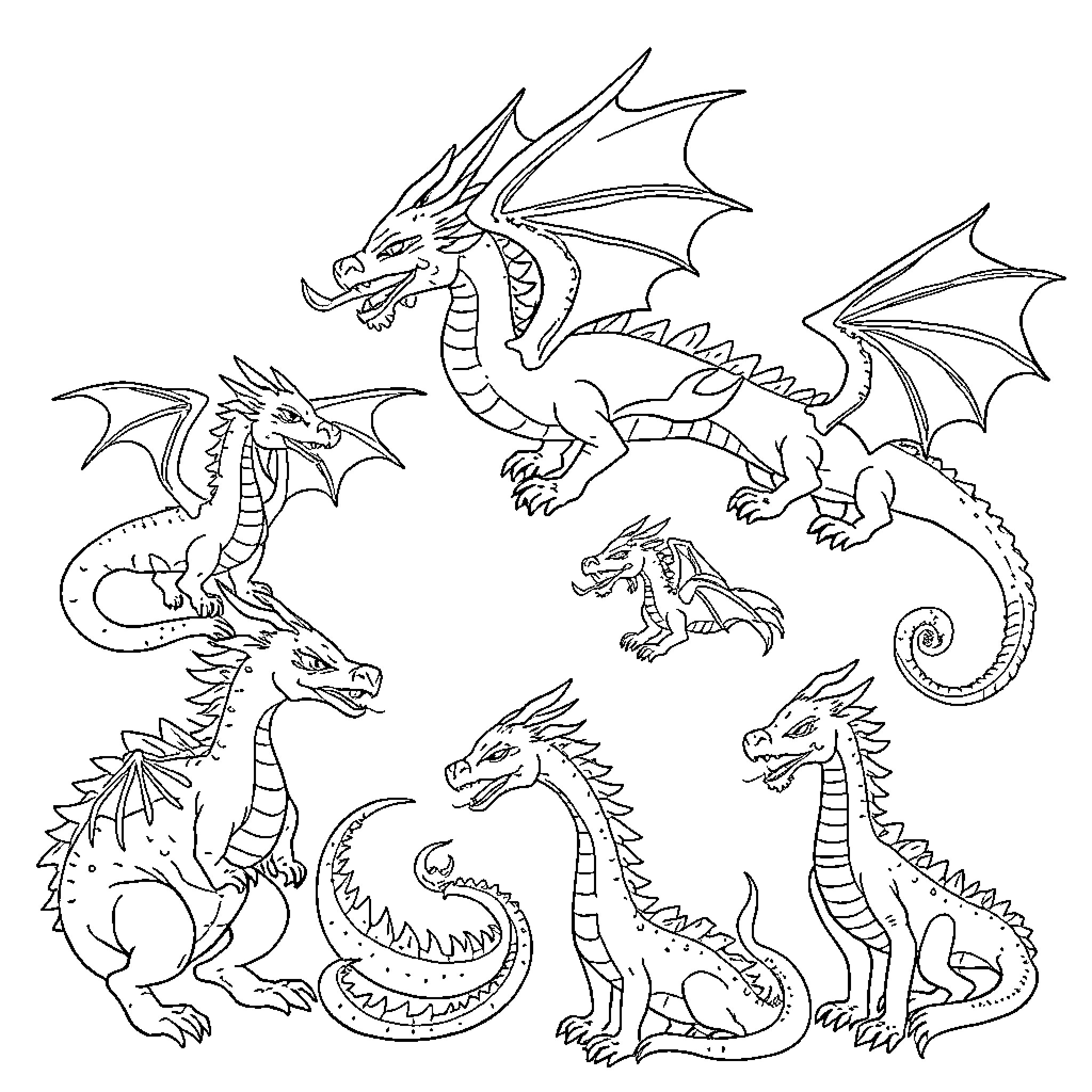 Dragon Gathering of Fearsome Creatures Coloring Page (free black-and-white line drawing printable PDF for all, from beginners to advanced learners, including children, teens, adults, and seniors)