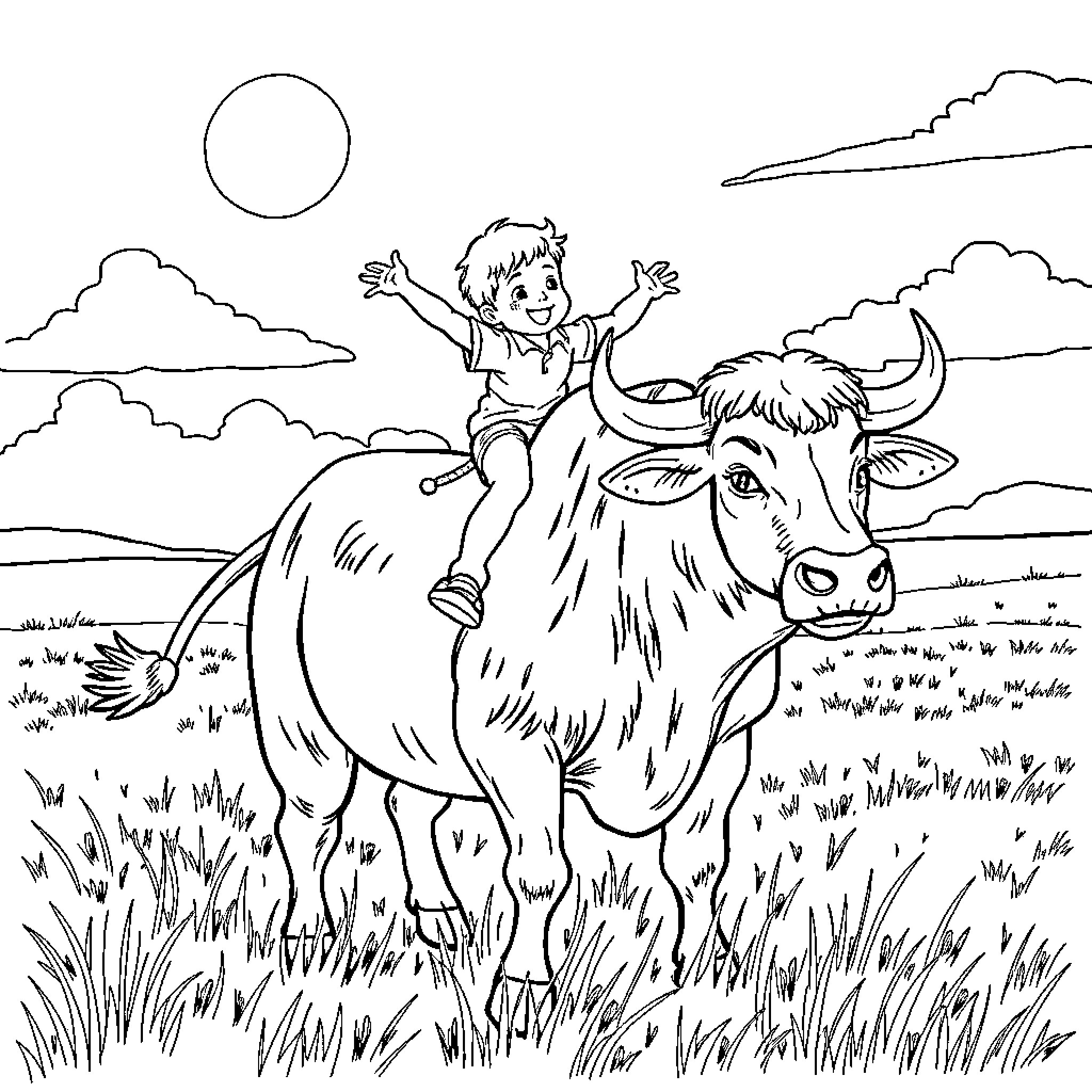 Boy riding joyfully on a friendly cow in the countryside Coloring Page (free black-and-white line drawing printable PDF for all, from beginners to advanced learners, including children, teens, adults, and seniors)