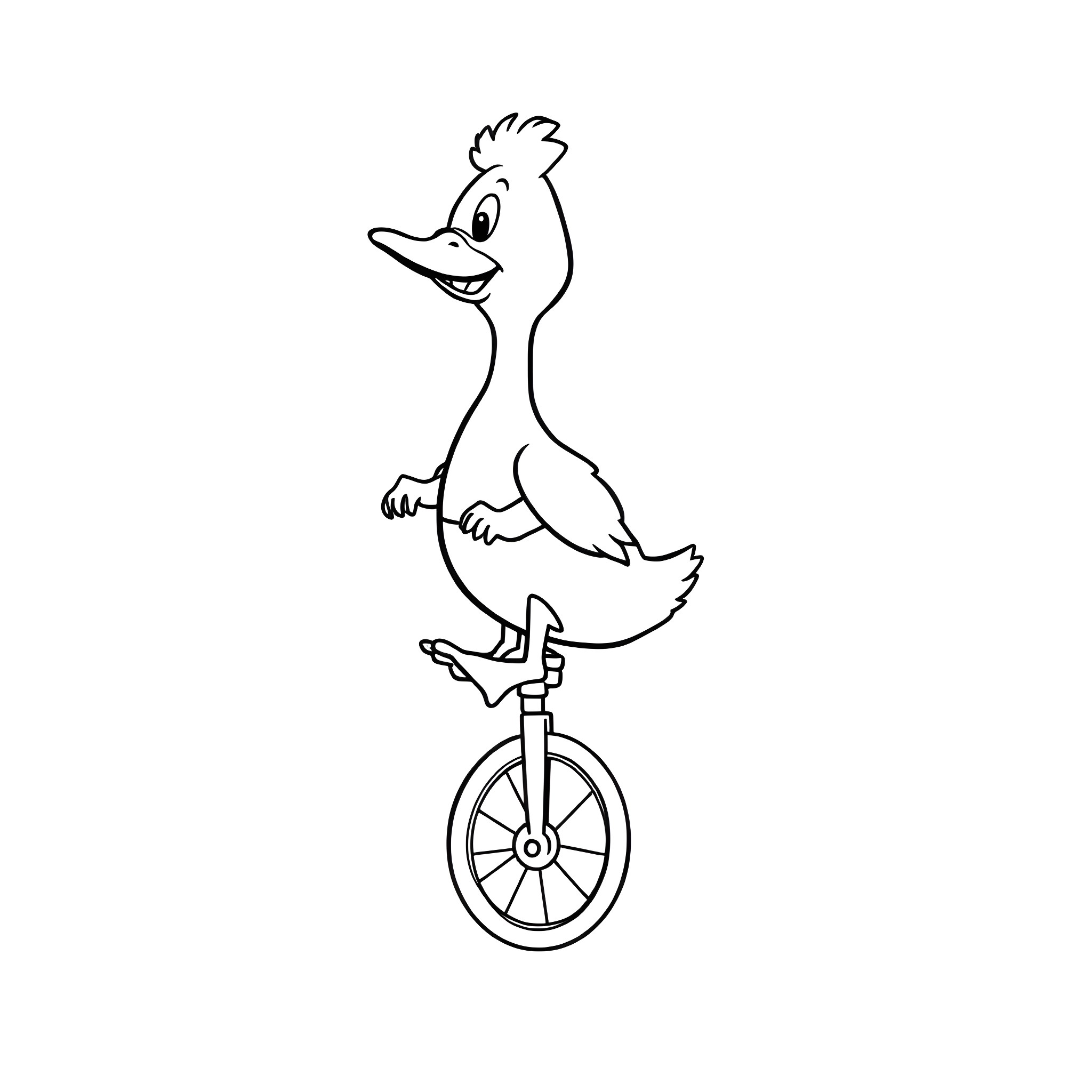 Duck riding a unicycle cheerfully Coloring Page (free black-and-white line drawing printable PDF for all, from beginners to advanced learners, including children, teens, adults, and seniors)