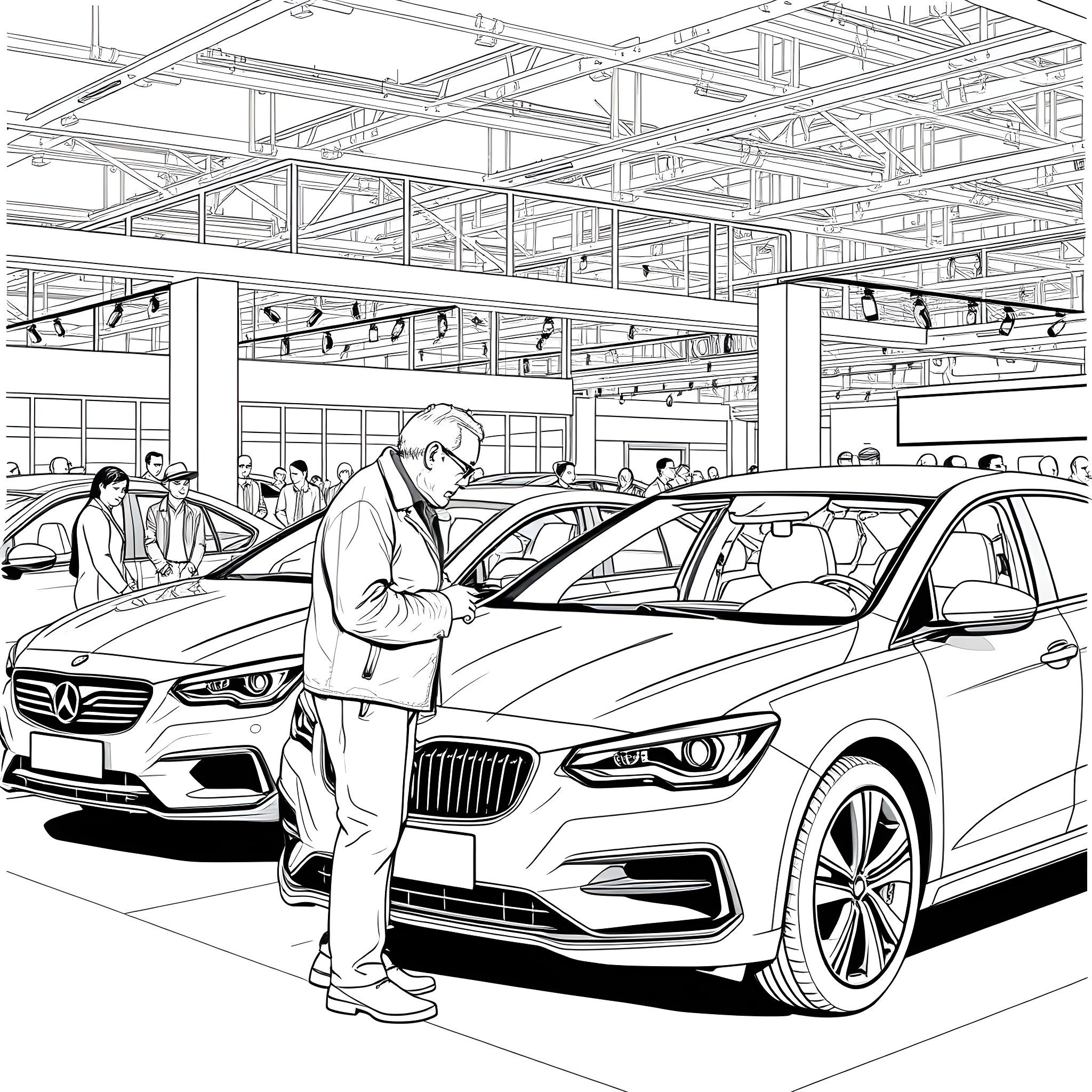 Man examining cars in the showroom Coloring Page (free black-and-white line drawing printable PDF for all, from beginners to advanced learners, including children, teens, adults, and seniors)