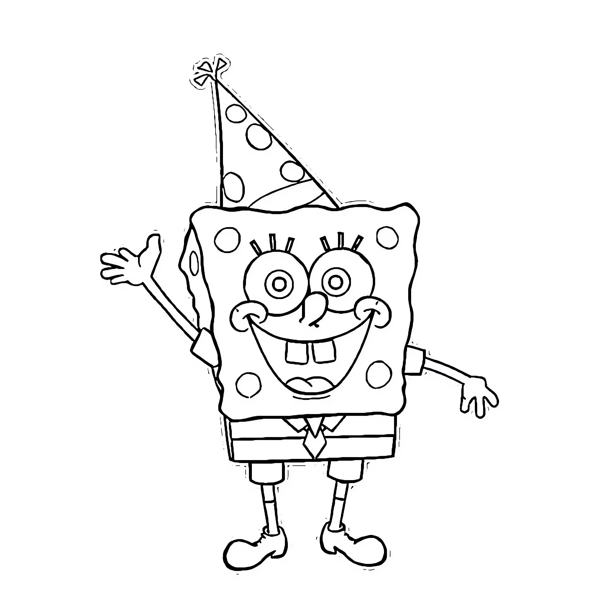 Spongebob celebrating with party hat Coloring Page (free black-and-white line drawing printable PDF for all, from beginners to advanced learners, including children, teens, adults, and seniors)