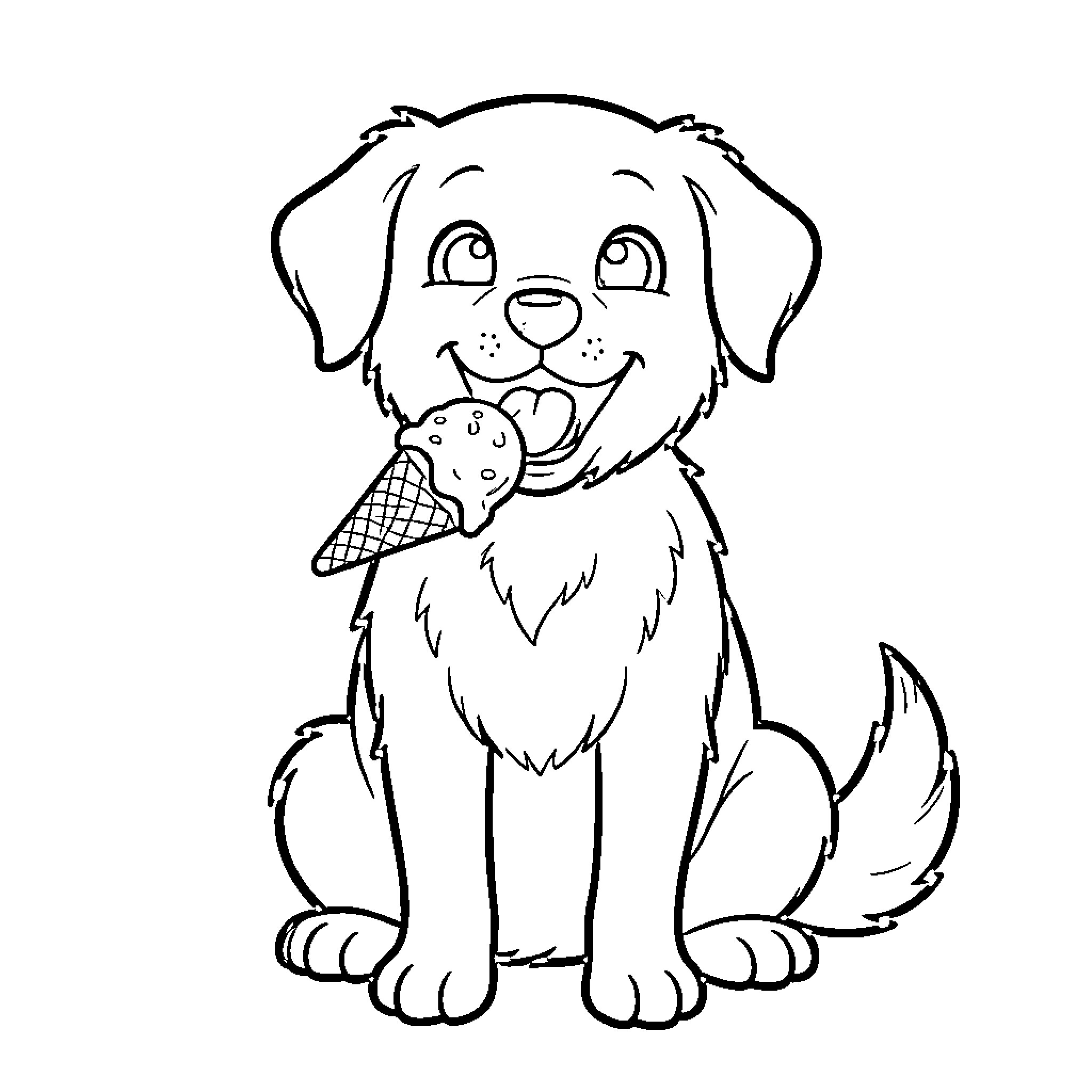 Dog sitting happily and eating an ice cream cone Coloring Page (free black-and-white line drawing printable PDF for all, from beginners to advanced learners, including children, teens, adults, and seniors)