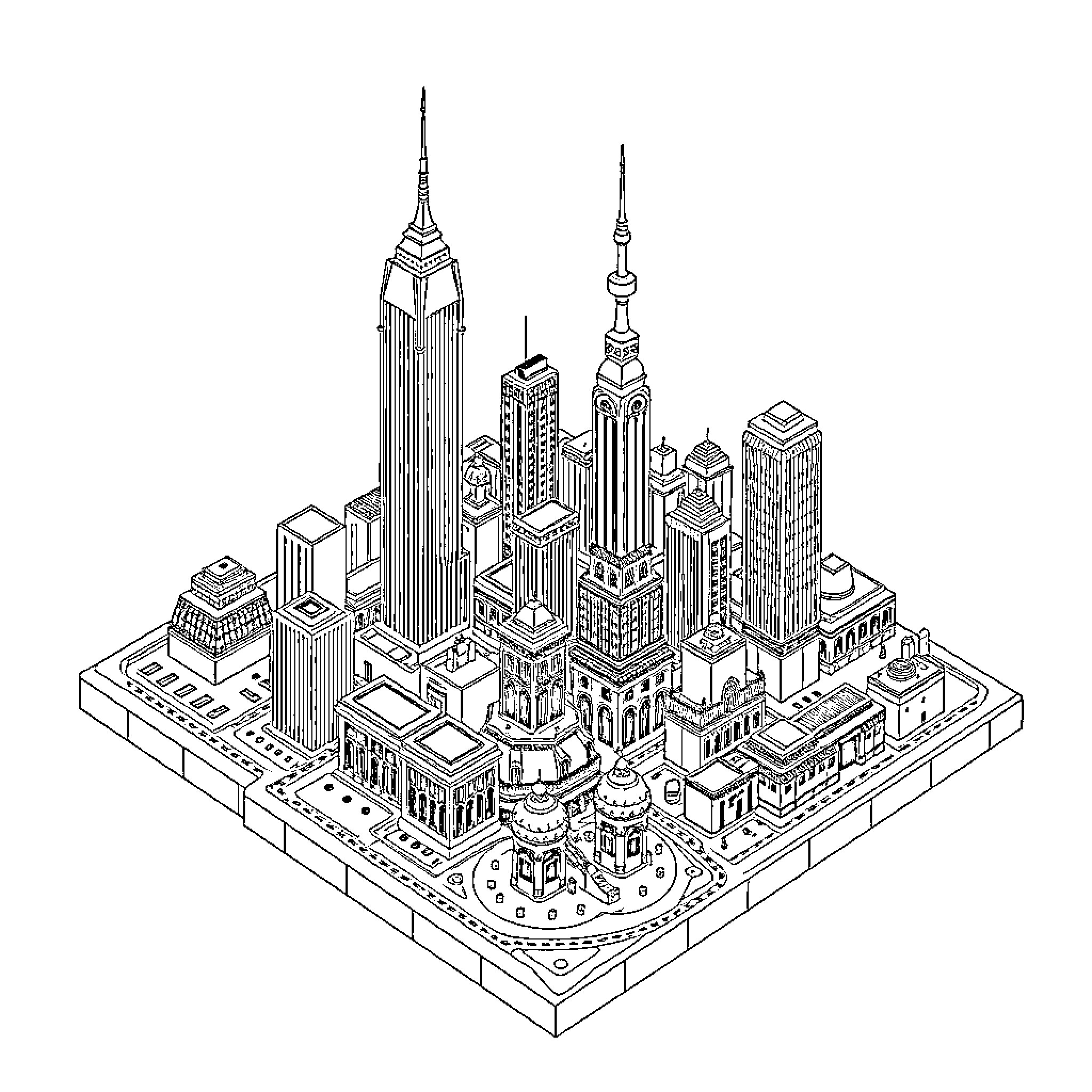 Map of a Detailed Cityscape with Skyscrapers Coloring Page (free black-and-white line drawing printable PDF for all, from beginners to advanced learners, including children, teens, adults, and seniors)