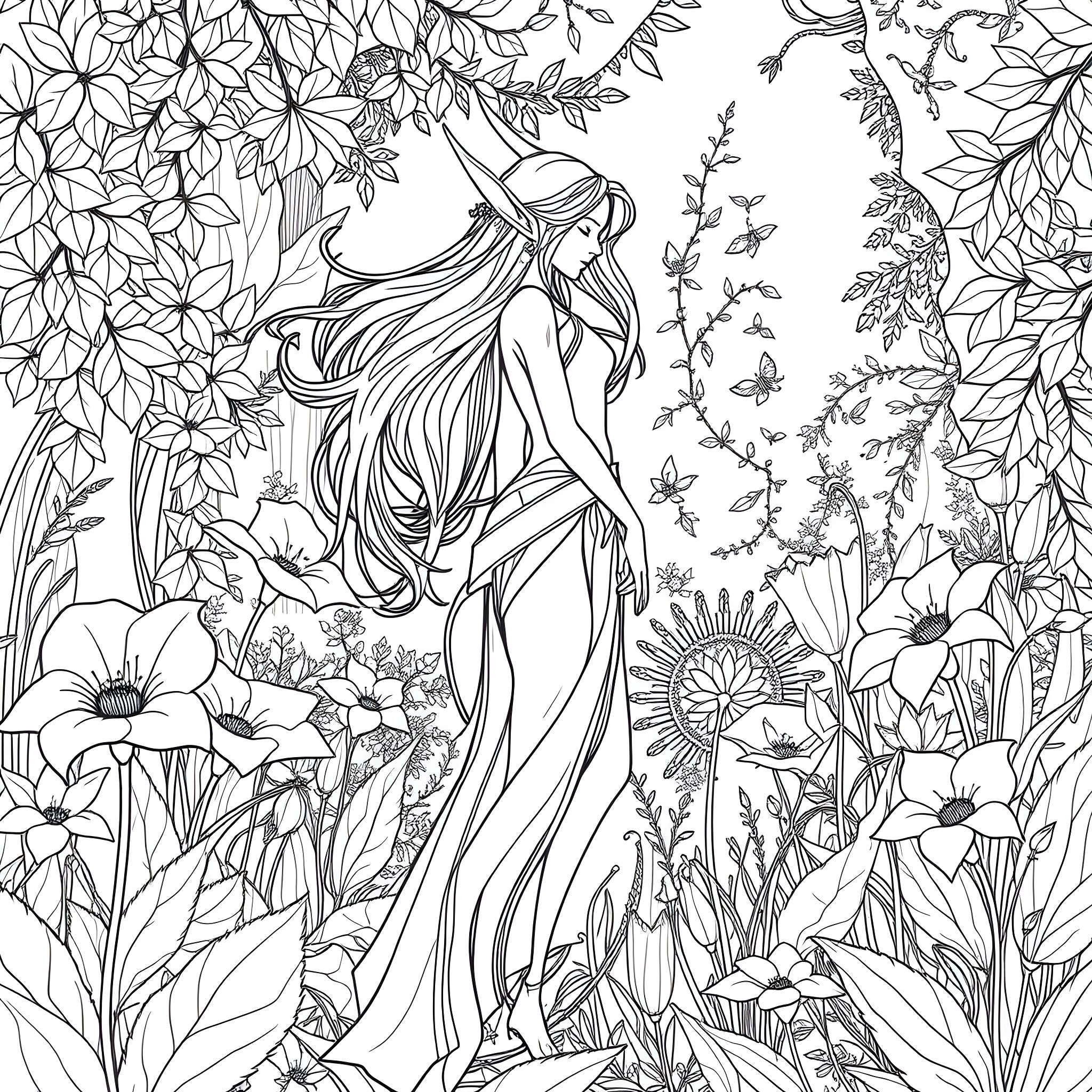 Elf Maiden Dancing Amidst Enchanted Floral Scenery Coloring Page (free black-and-white line drawing printable PDF for all, from beginners to advanced learners, including children, teens, adults, and seniors)