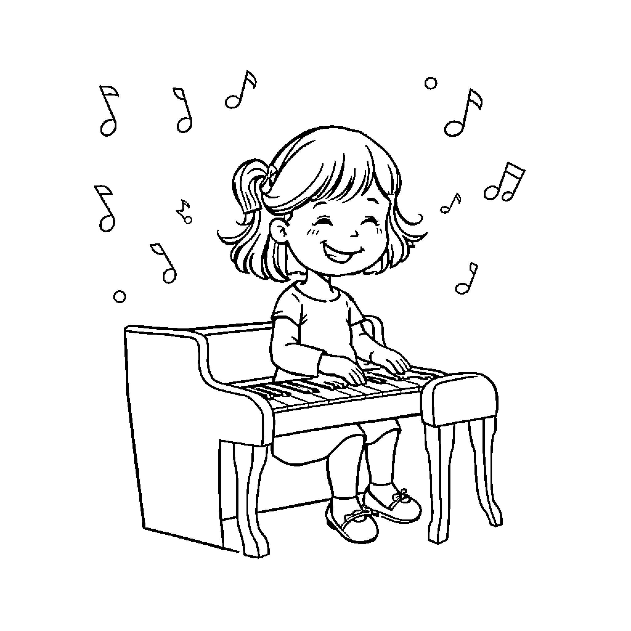 Girl playing happily on the piano with music notes Coloring Page (free black-and-white line drawing printable PDF for all, from beginners to advanced learners, including children, teens, adults, and seniors)
