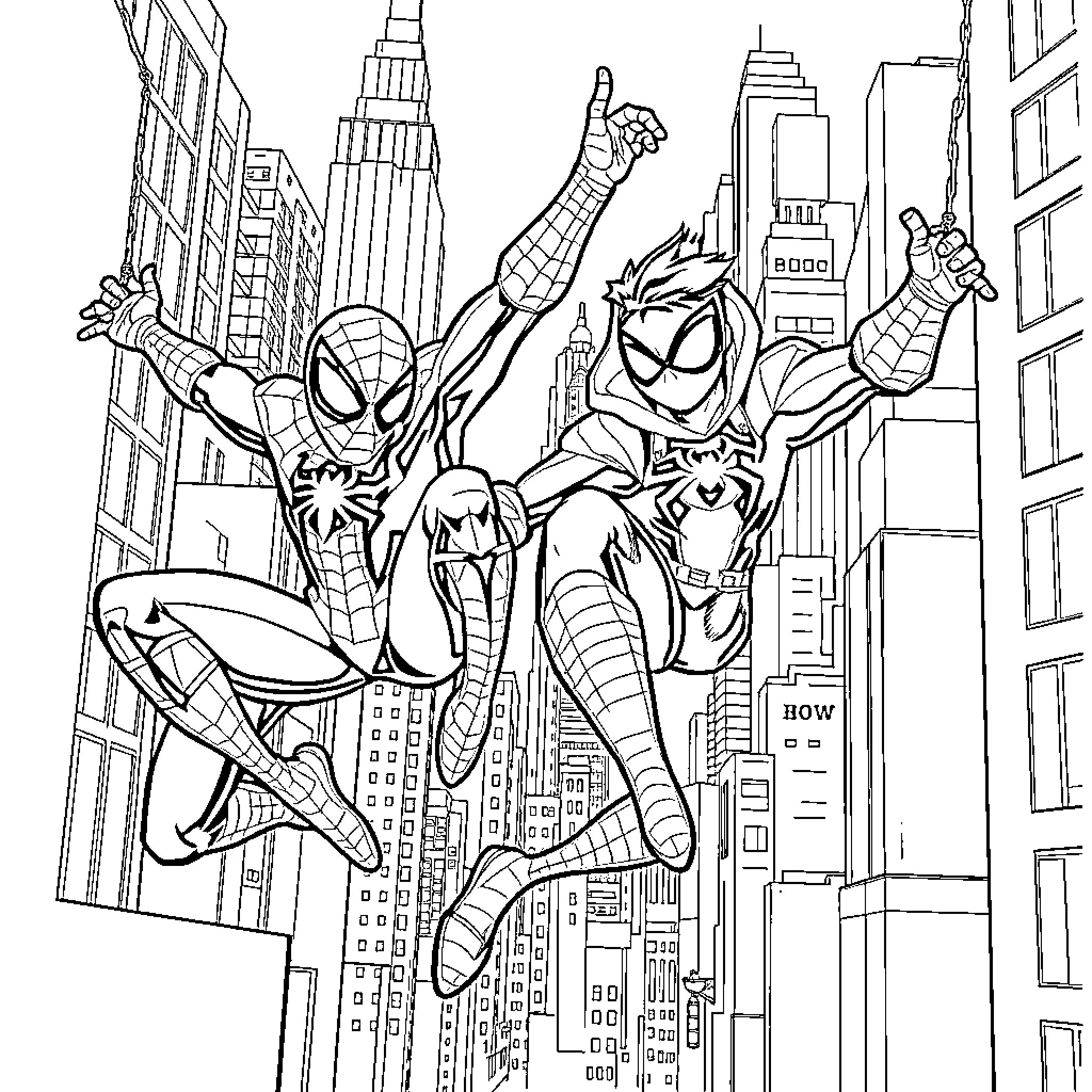 Spider-Man swinging through the city in action Coloring Page (free black-and-white line drawing printable PDF for all, from beginners to advanced learners, including children, teens, adults, and seniors)