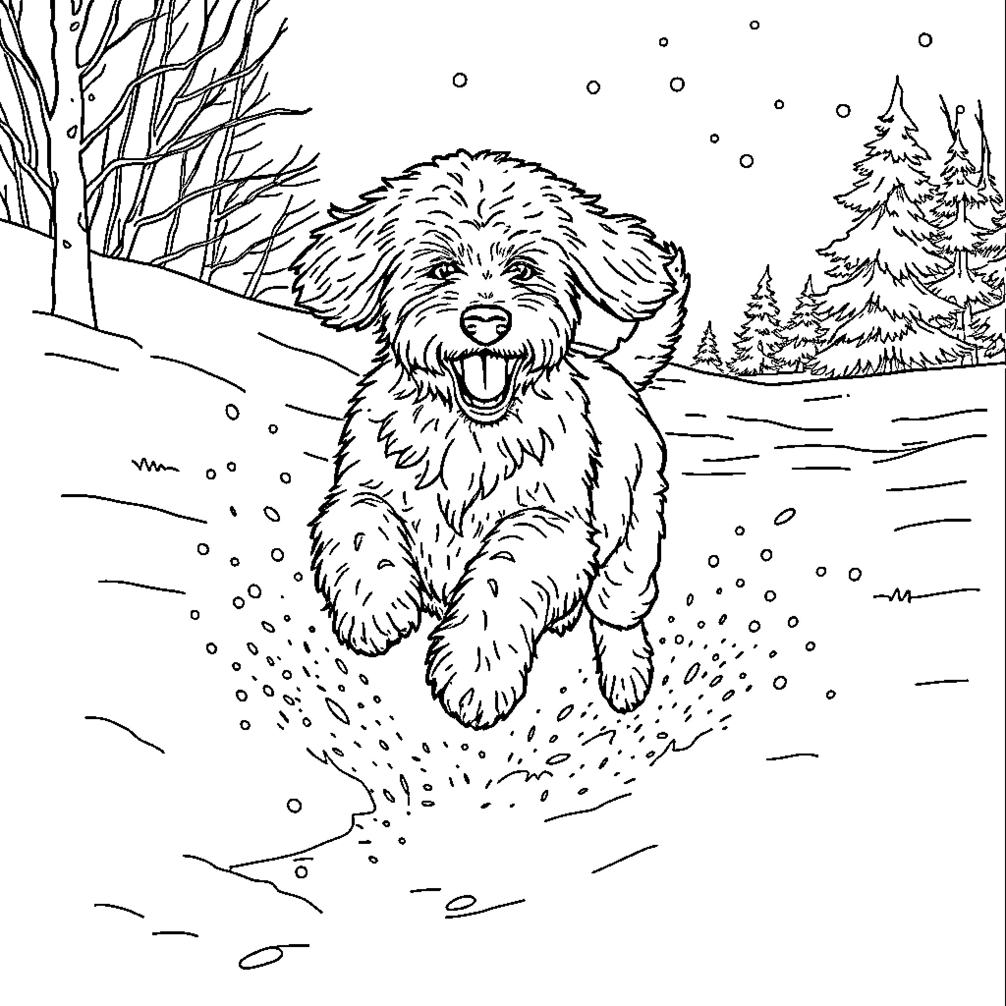 Goldendoodle playfully frolicking in the snow Coloring Page (free black-and-white line drawing printable PDF for all, from beginners to advanced learners, including children, teens, adults, and seniors)