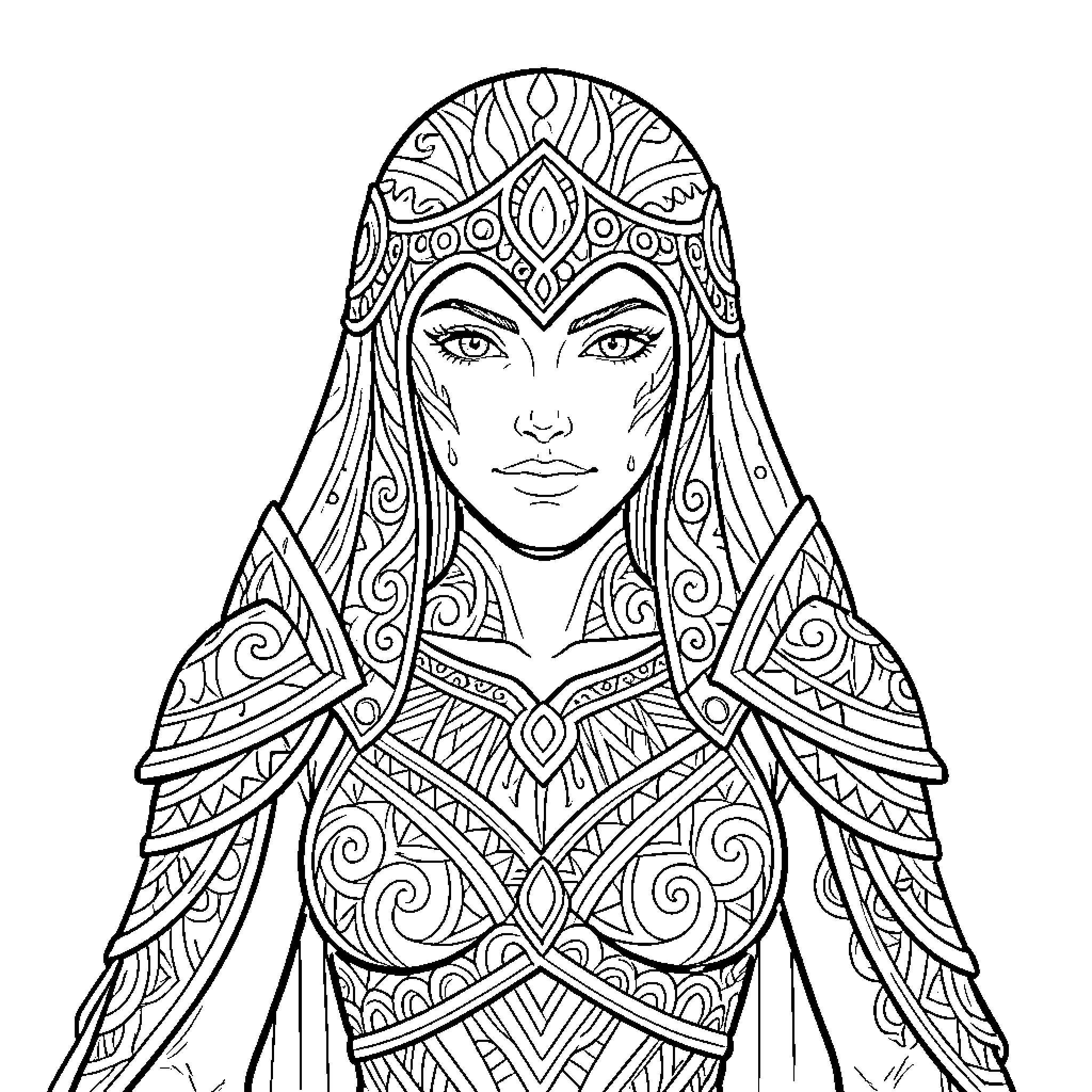 Guerrera of Mystical Elegance Coloring Page (free black-and-white line drawing printable PDF for all, from beginners to advanced learners, including children, teens, adults, and seniors)