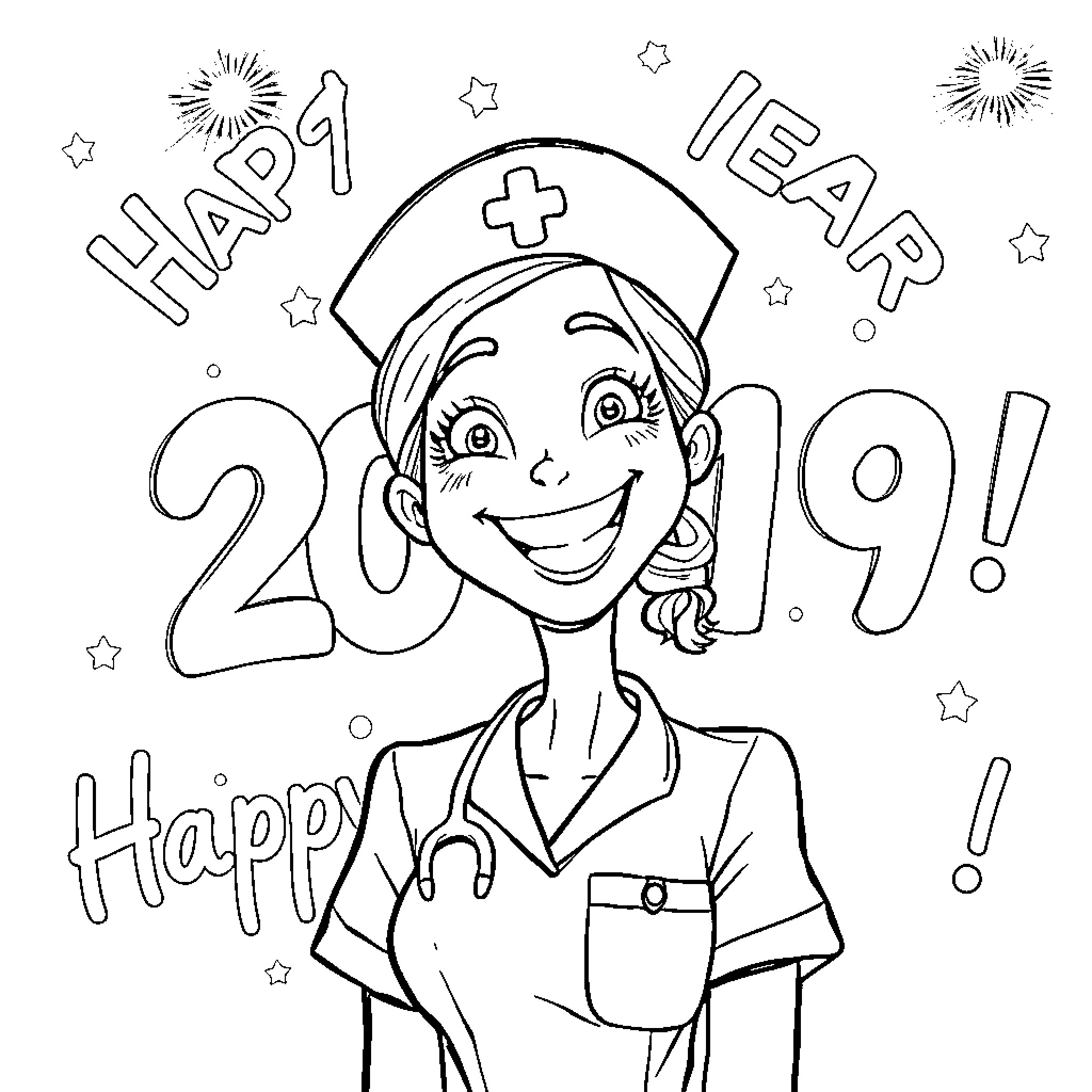 Nurse happily celebrating the new year Coloring Page (free black-and-white line drawing printable PDF for all, from beginners to advanced learners, including children, teens, adults, and seniors)