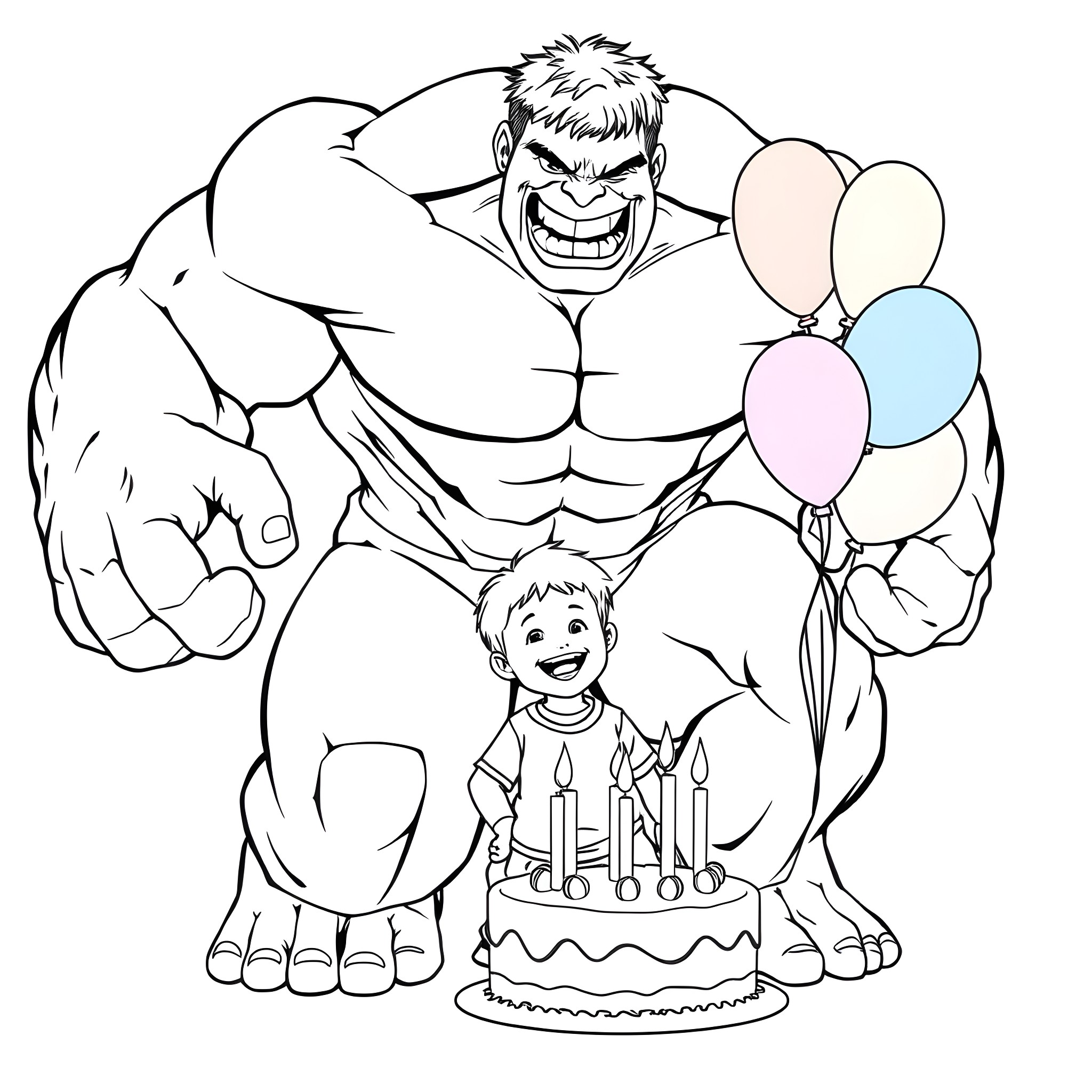 Hulk celebrating a child's birthday party Coloring Page (free black-and-white line drawing printable PDF for all, from beginners to advanced learners, including children, teens, adults, and seniors)