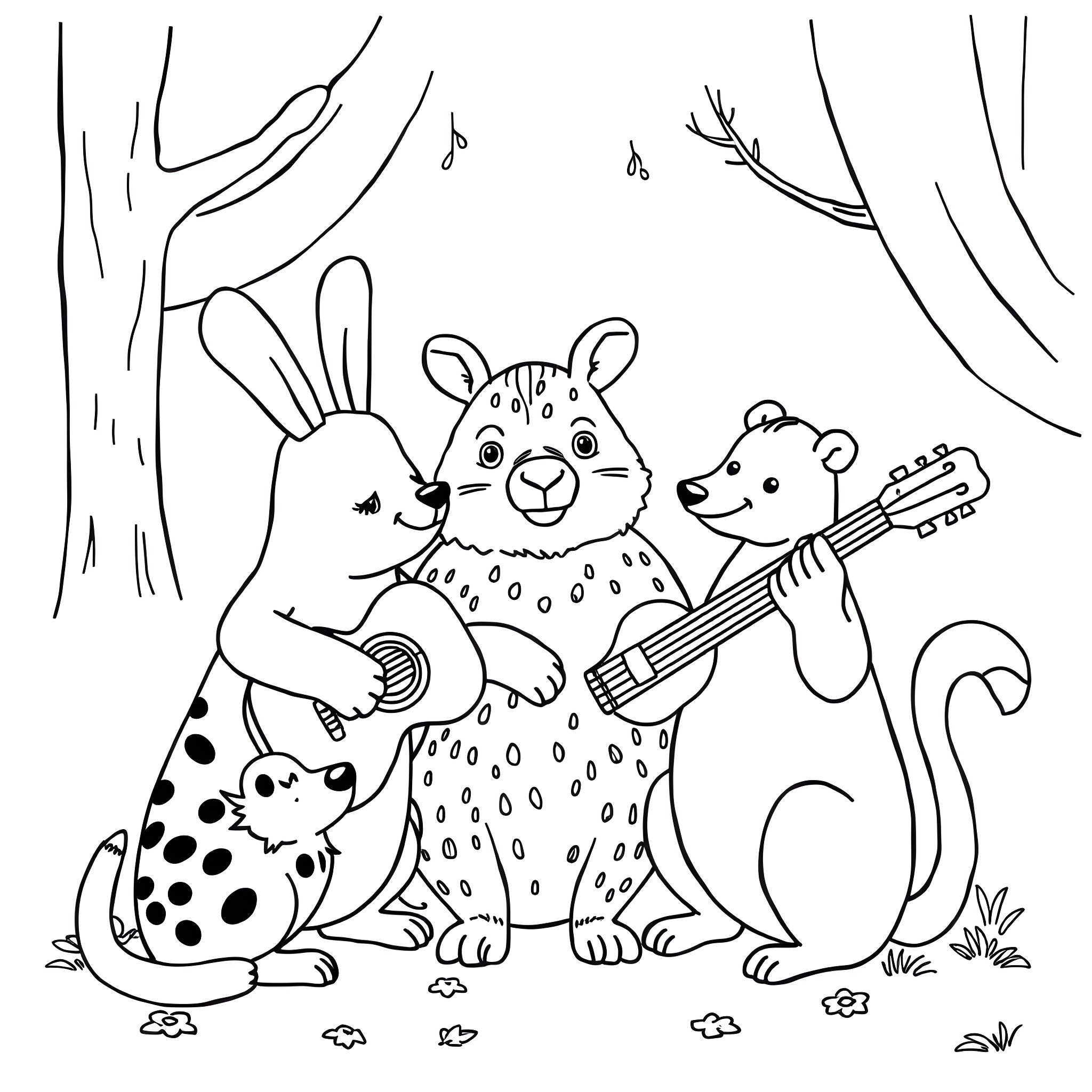 Animal musicians performing in the woods Coloring Page (free black-and-white line drawing printable PDF for all, from beginners to advanced learners, including children, teens, adults, and seniors)