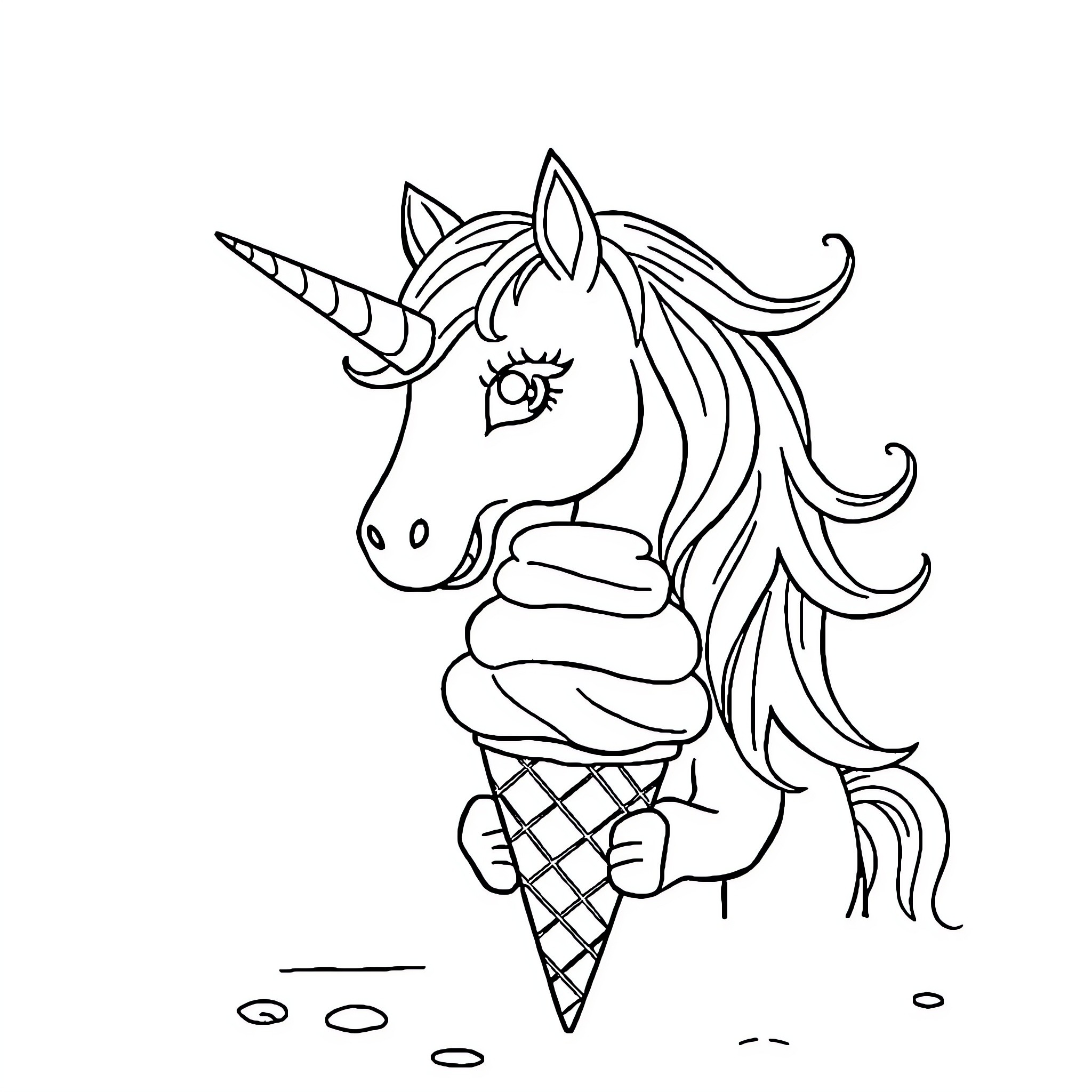 Unicorn enjoying a tasty ice cream cone Coloring Page (free black-and-white line drawing printable PDF for all, from beginners to advanced learners, including children, teens, adults, and seniors)