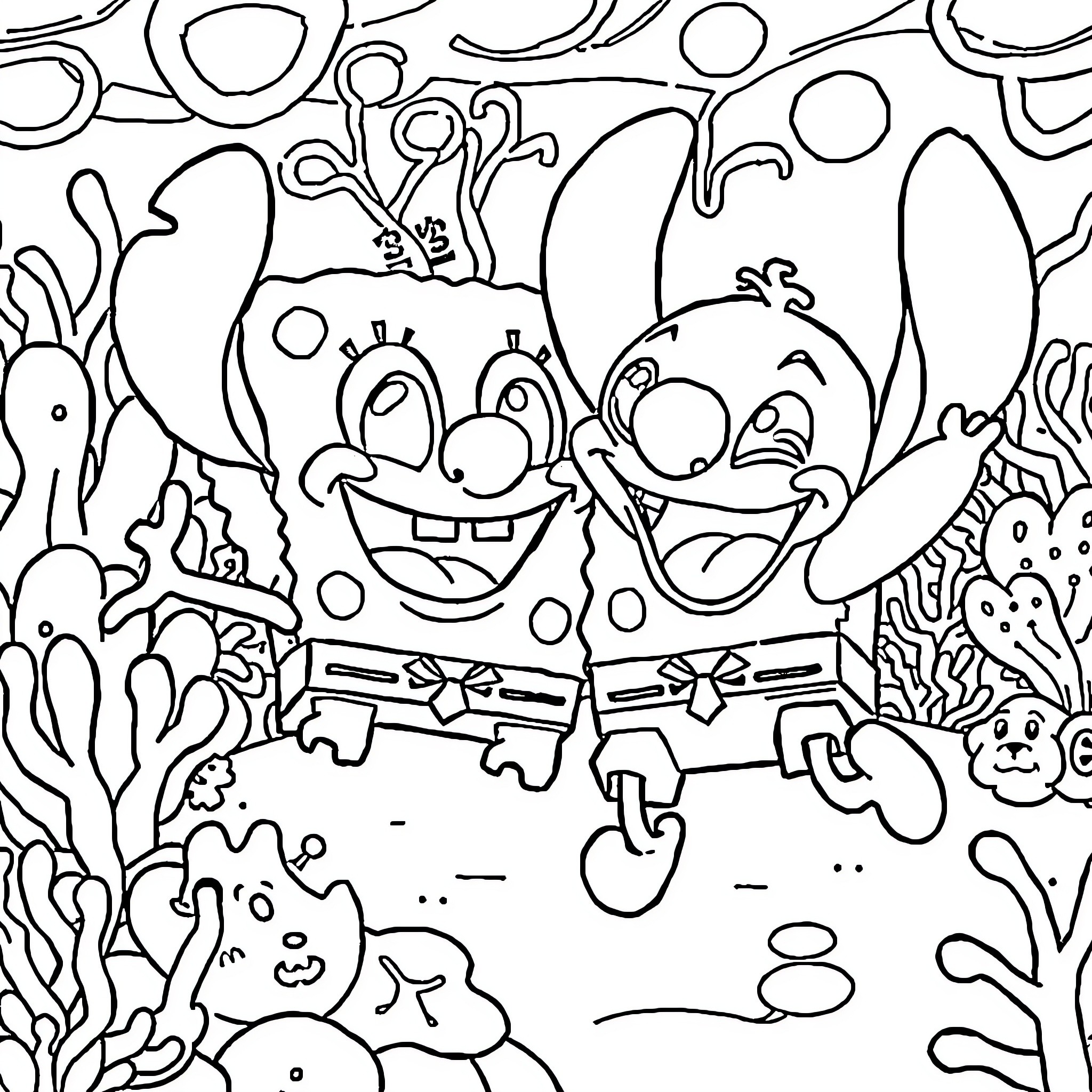 Spongebob and Patrick in a whimsical underwater scene Coloring Page (free black-and-white line drawing printable PDF for all, from beginners to advanced learners, including children, teens, adults, and seniors)