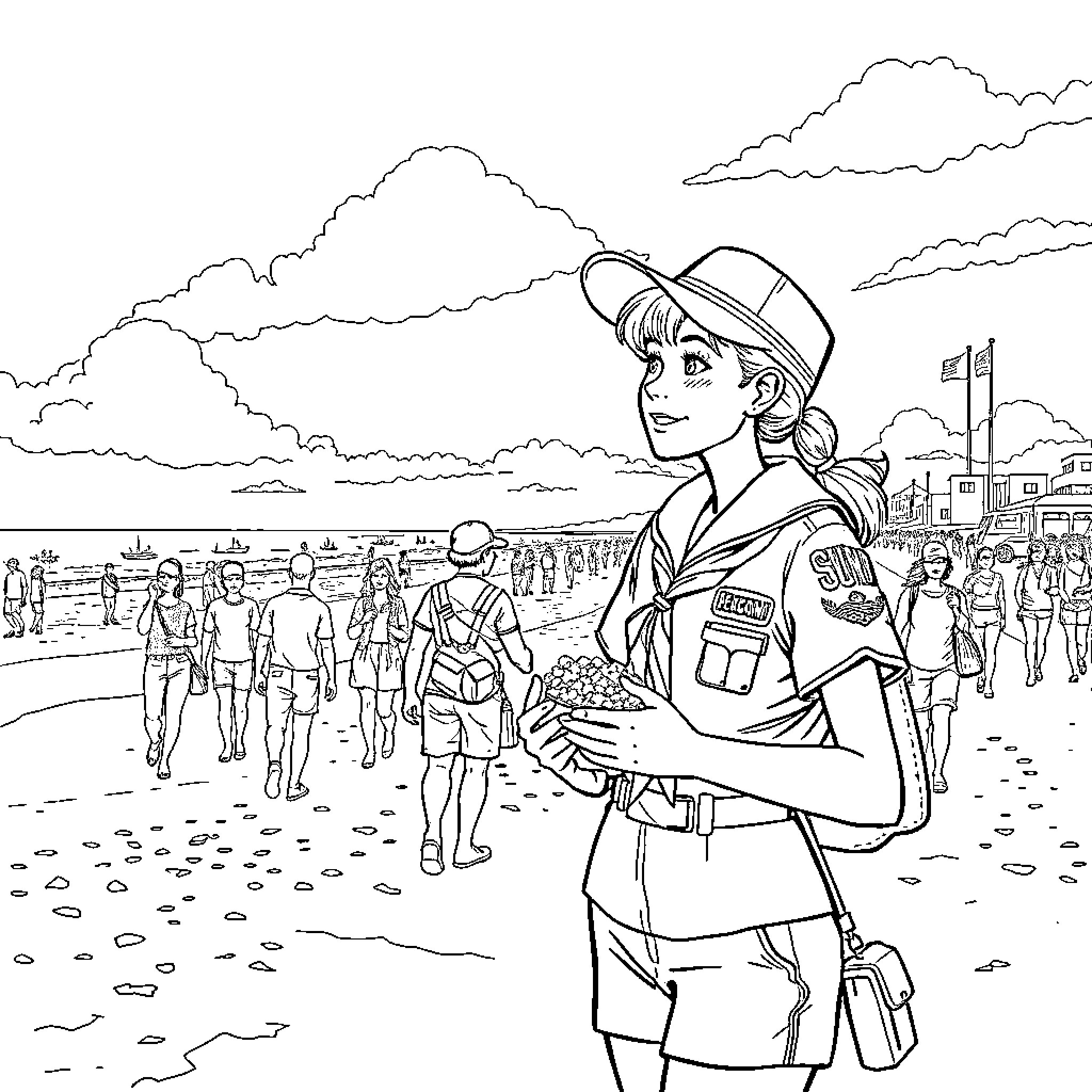 Scout exploring the beach with others Coloring Page (free black-and-white line drawing printable PDF for all, from beginners to advanced learners, including children, teens, adults, and seniors)