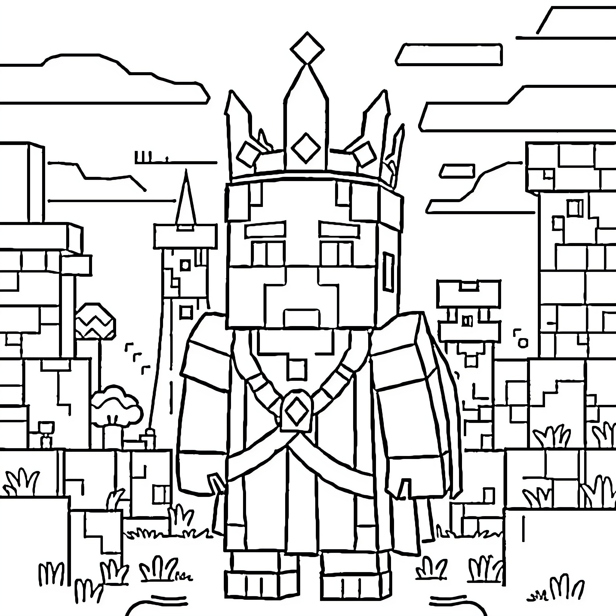 Minecraft King commanding his kingdom Coloring Page (free black-and-white line drawing printable PDF for all, from beginners to advanced learners, including children, teens, adults, and seniors)