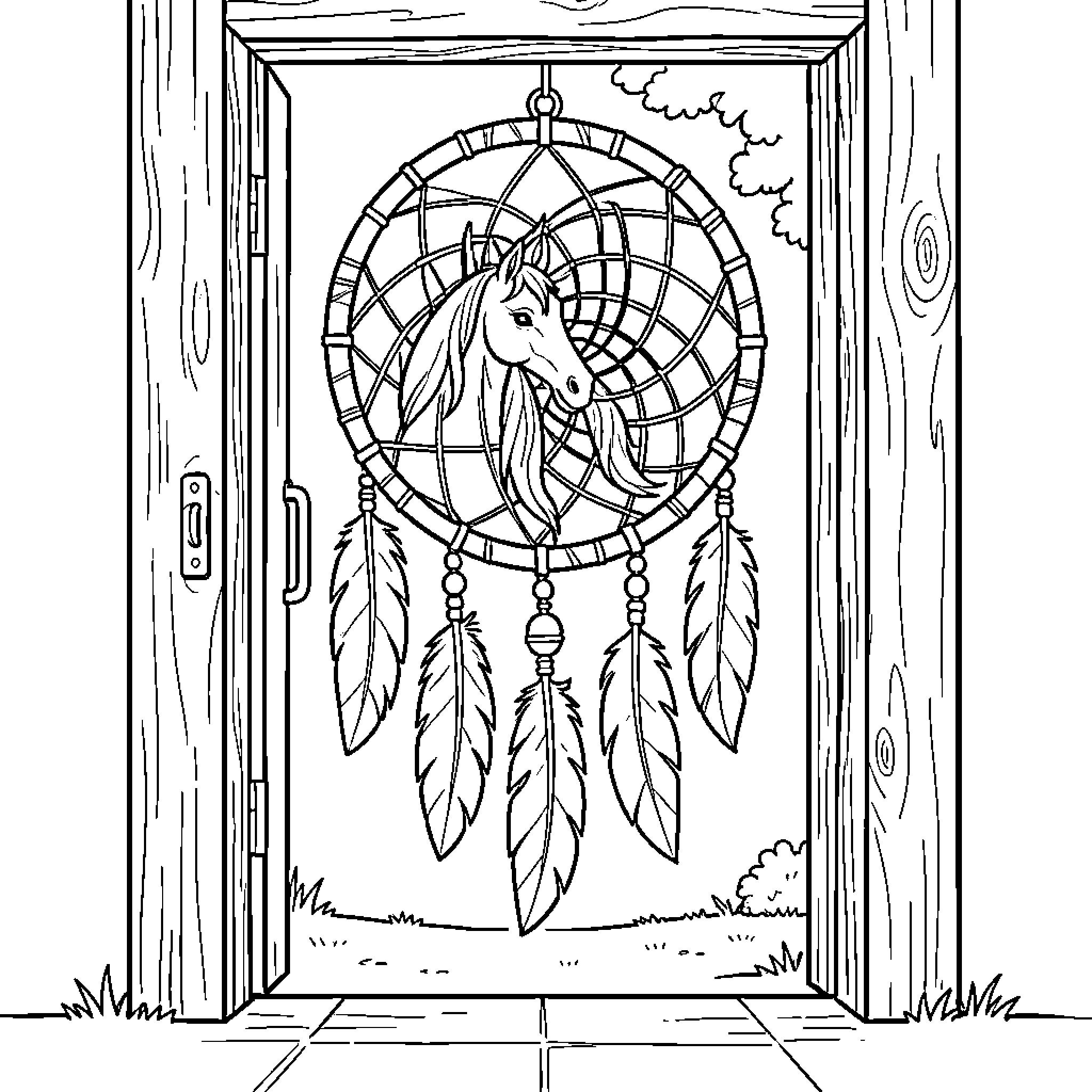 Horse Dreamcatcher Hanging in Doorway Coloring Page (free black-and-white line drawing printable PDF for all, from beginners to advanced learners, including children, teens, adults, and seniors)