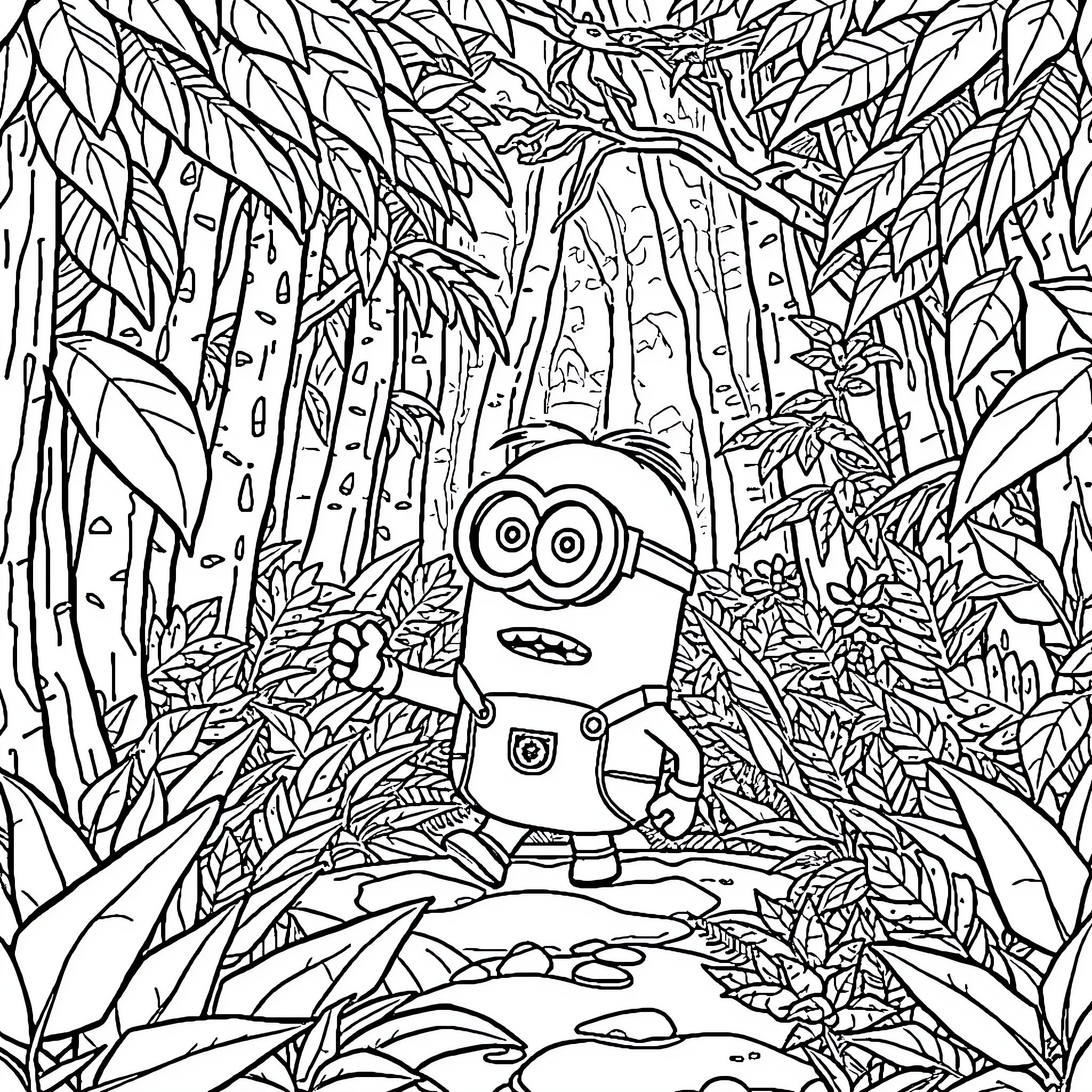 Minion exploring the lush jungle environment Coloring Page (free black-and-white line drawing printable PDF for all, from beginners to advanced learners, including children, teens, adults, and seniors)