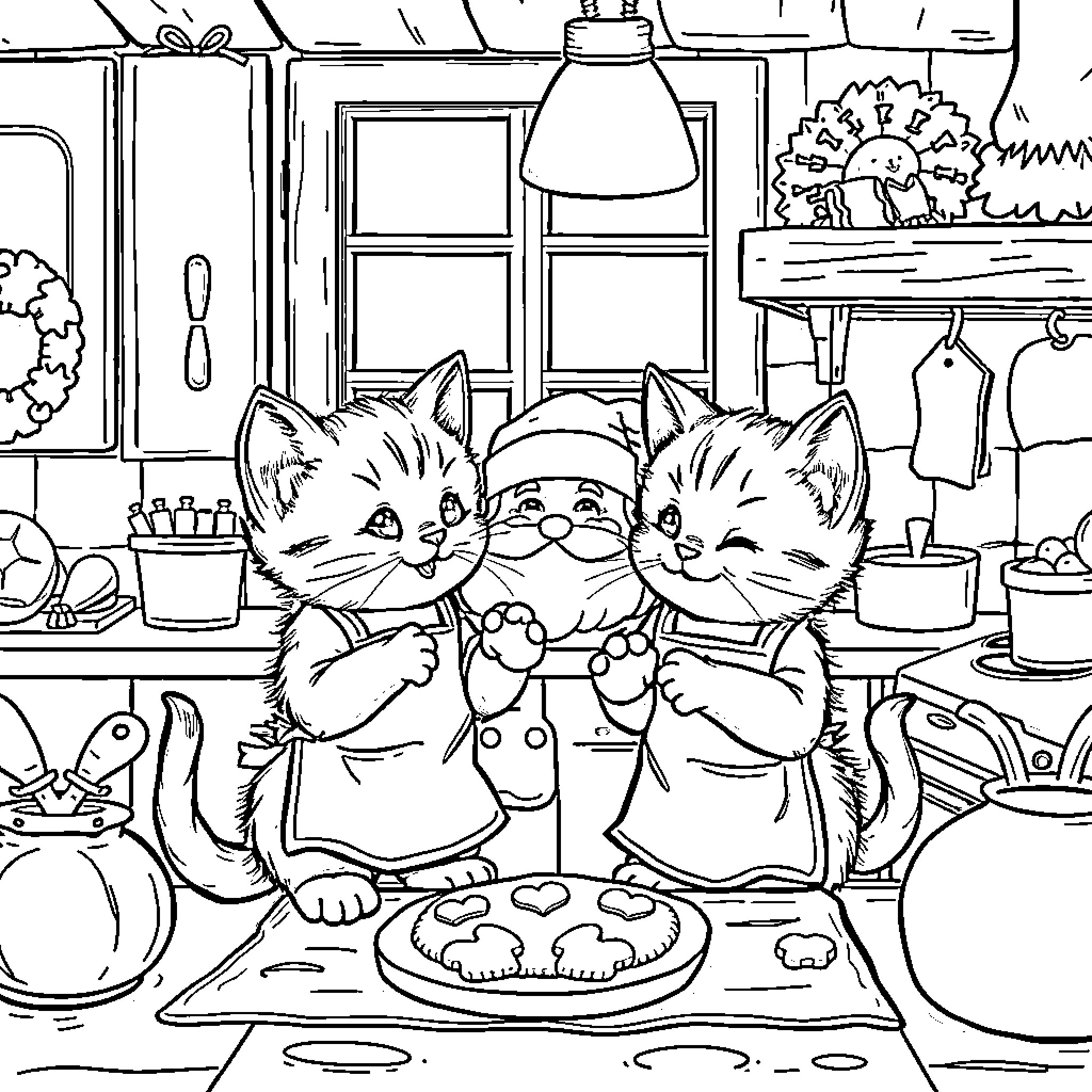 Kitten baking cookies in the kitchen Coloring Page (free black-and-white line drawing printable PDF for all, from beginners to advanced learners, including children, teens, adults, and seniors)