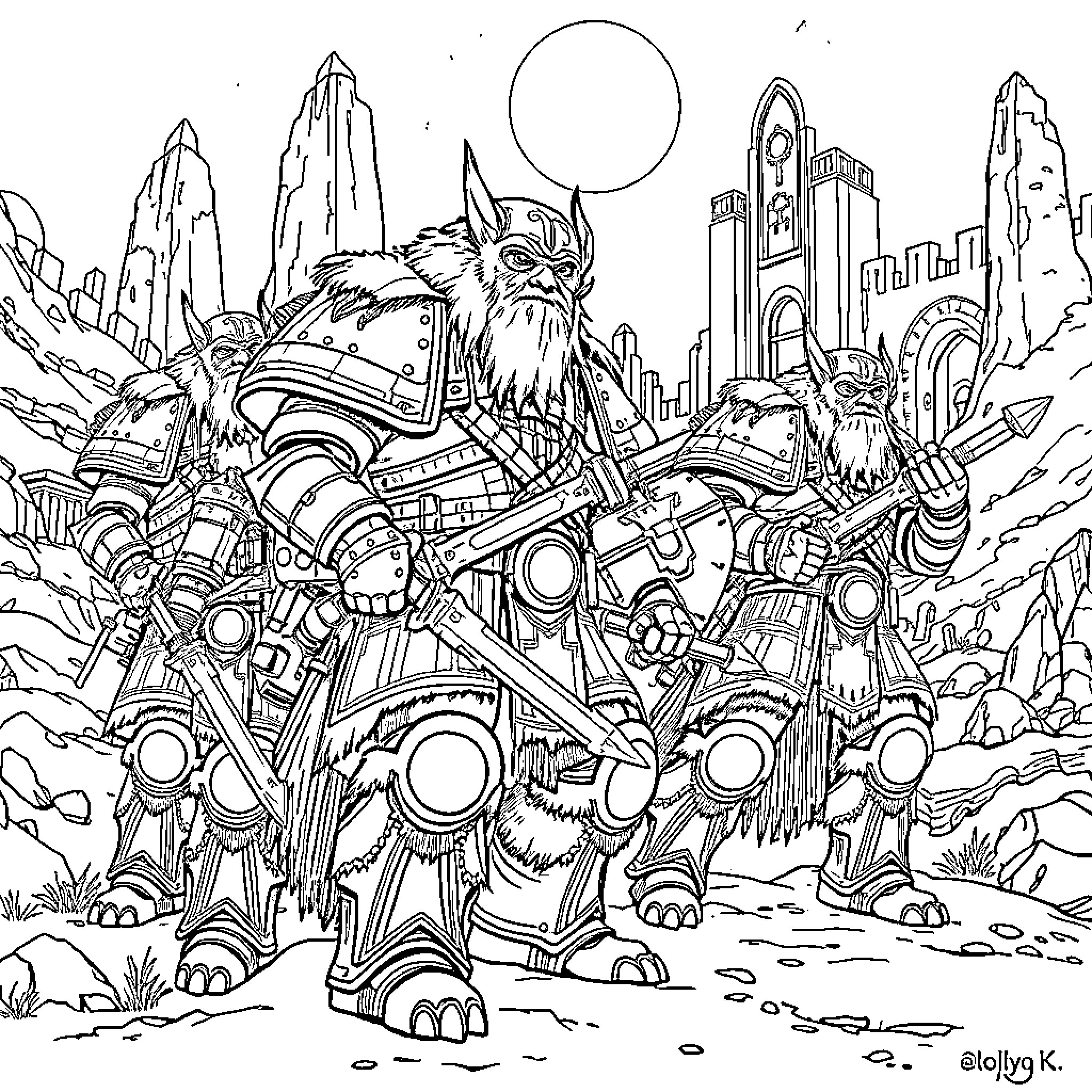 Spacewolf Mech Warrior Stands Tall in Futuristic Landscape Coloring Page (free black-and-white line drawing printable PDF for all, from beginners to advanced learners, including children, teens, adults, and seniors)