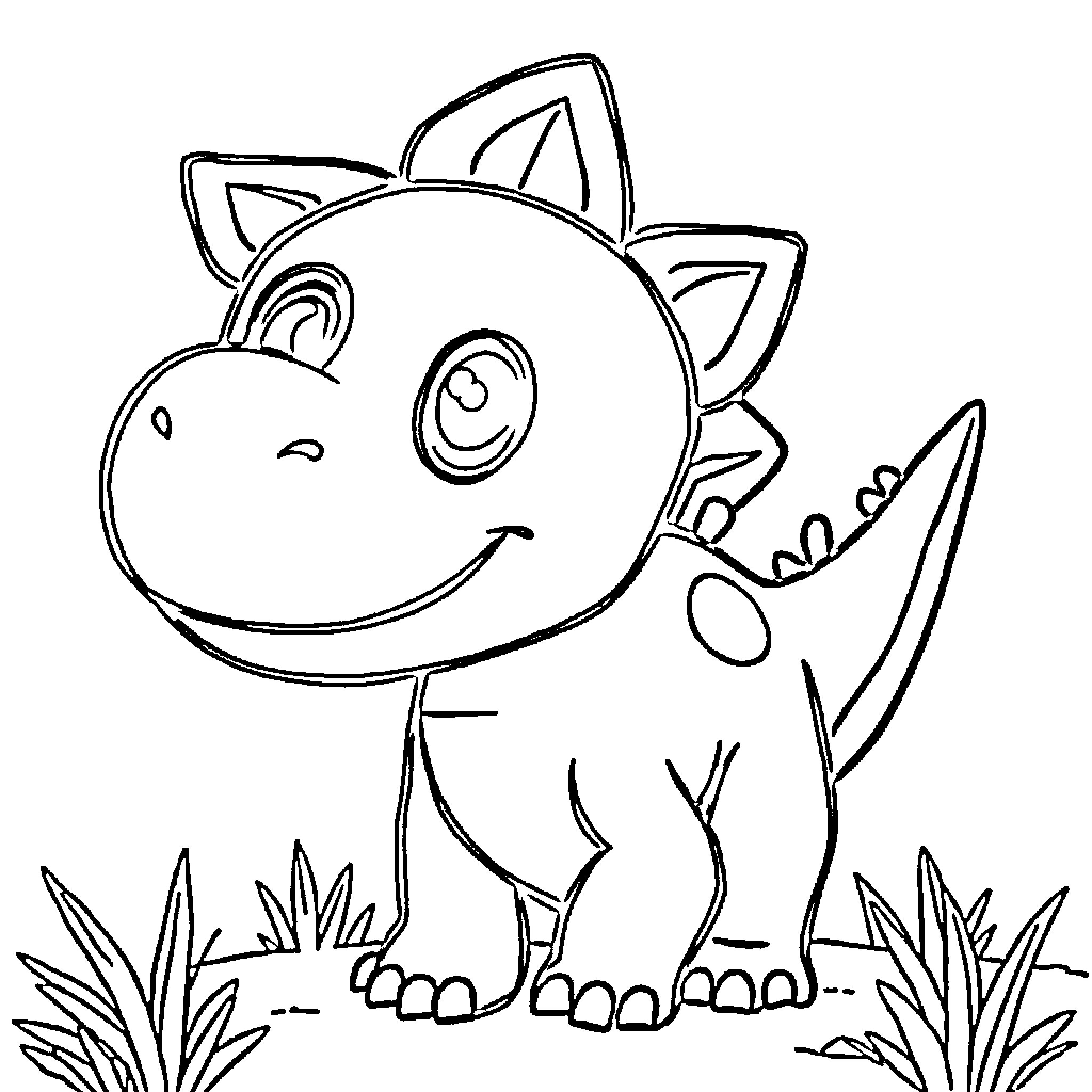 Dinosaur playing happily in the garden Coloring Page (free black-and-white line drawing printable PDF for all, from beginners to advanced learners, including children, teens, adults, and seniors)