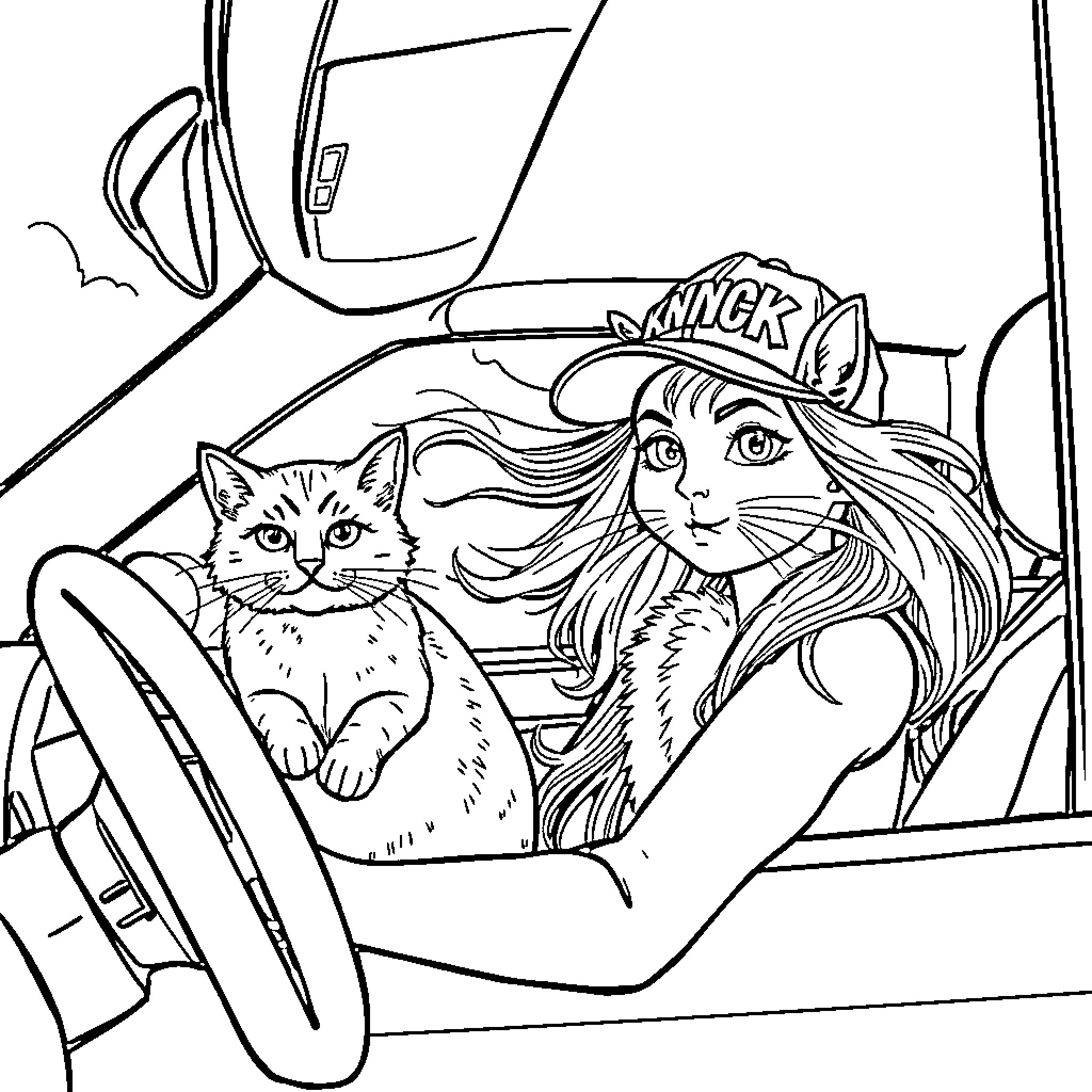 Lady and her feline companion in a car Coloring Page (free black-and-white line drawing printable PDF for all, from beginners to advanced learners, including children, teens, adults, and seniors)