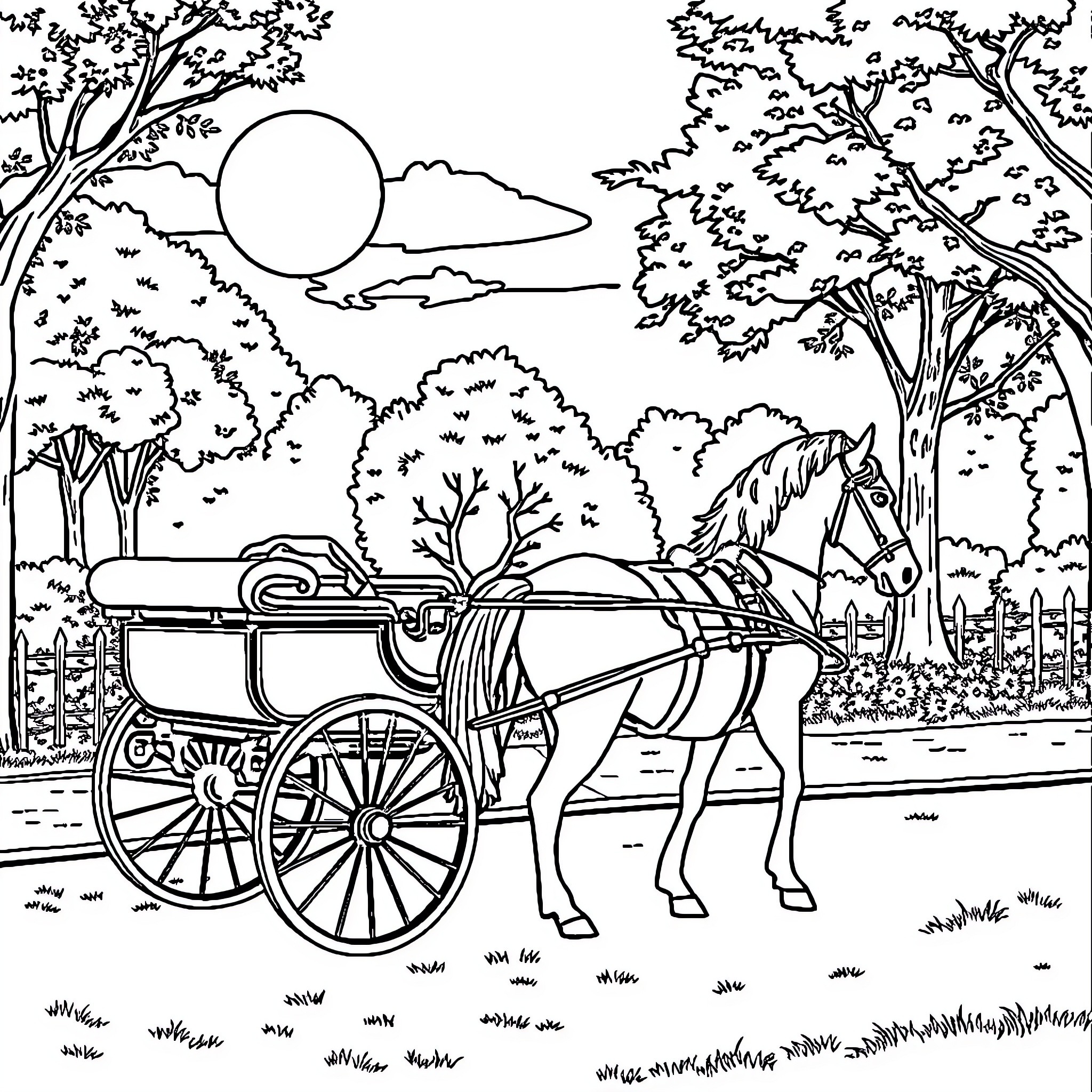 Horse-drawn carriage riding through a scenic landscape Coloring Page (free black-and-white line drawing printable PDF for all, from beginners to advanced learners, including children, teens, adults, and seniors)