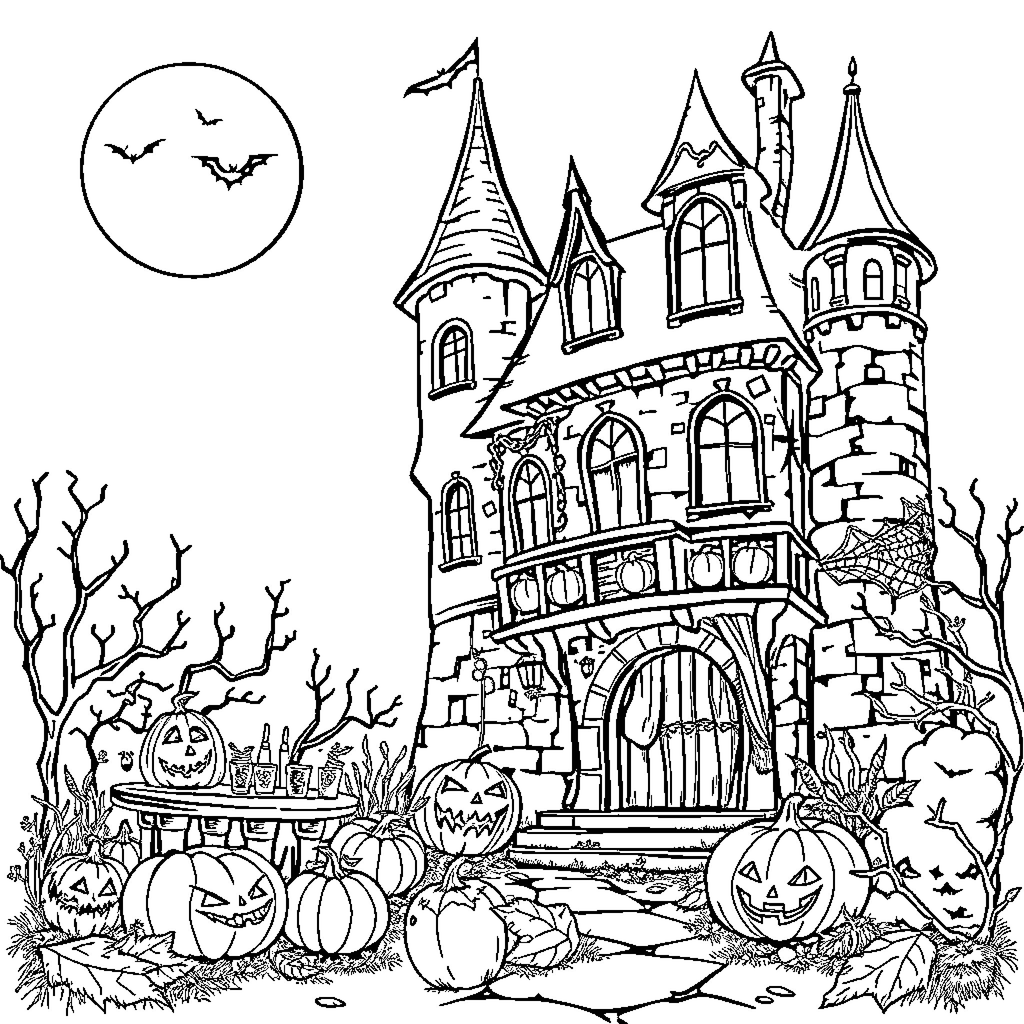 Castle of Halloween Mystery and Intrigue Coloring Page (free black-and-white line drawing printable PDF for all, from beginners to advanced learners, including children, teens, adults, and seniors)