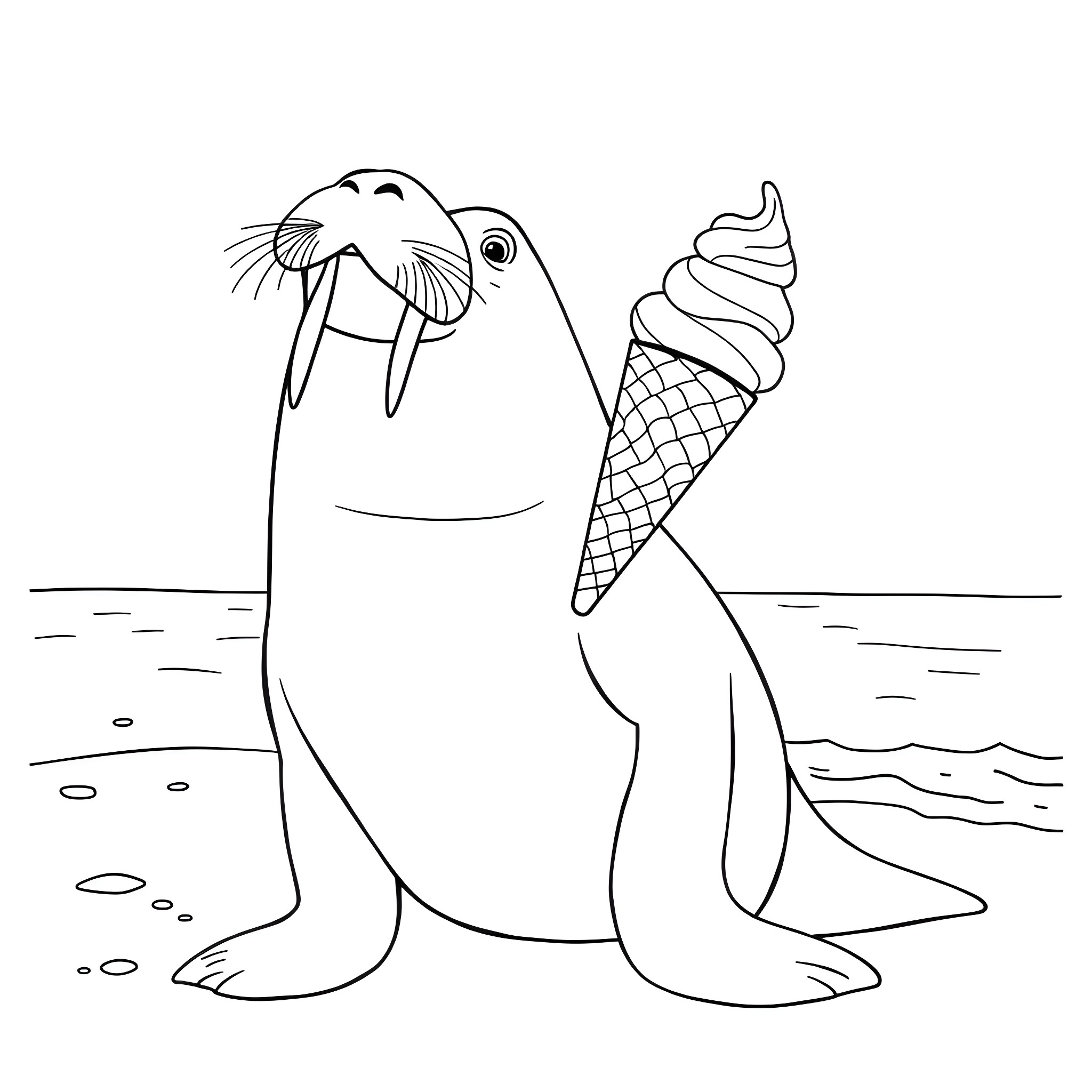 Walrus enjoying an ice cream cone on the beach Coloring Page (free black-and-white line drawing printable PDF for all, from beginners to advanced learners, including children, teens, adults, and seniors)