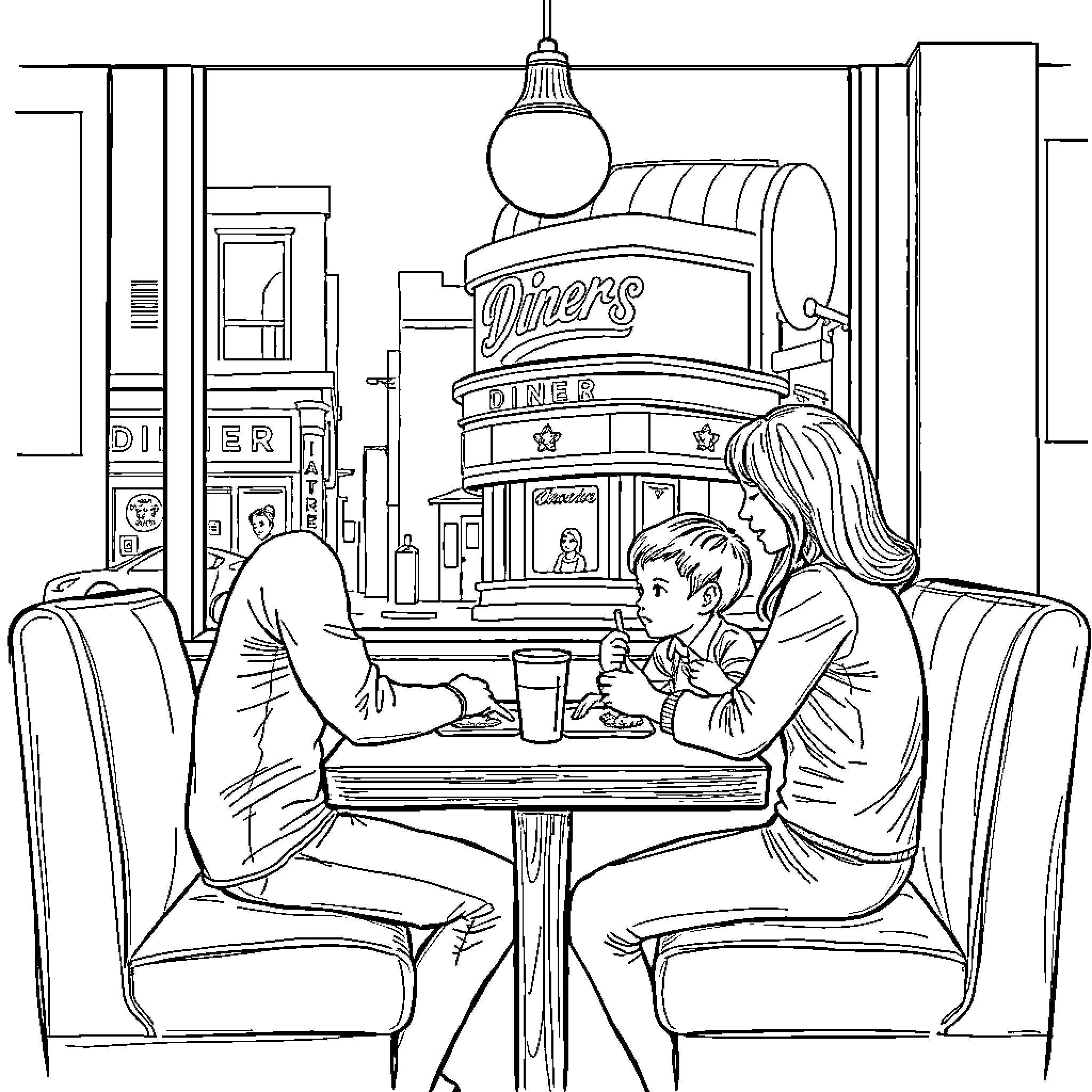 Family Dining at the Local Diner Coloring Page (free black-and-white line drawing printable PDF for all, from beginners to advanced learners, including children, teens, adults, and seniors)
