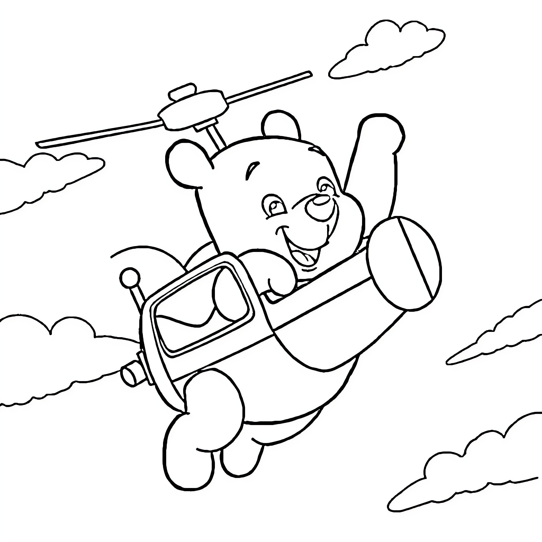Pooh Bear flying in a plane Coloring Page (free black-and-white line drawing printable PDF for all, from beginners to advanced learners, including children, teens, adults, and seniors)
