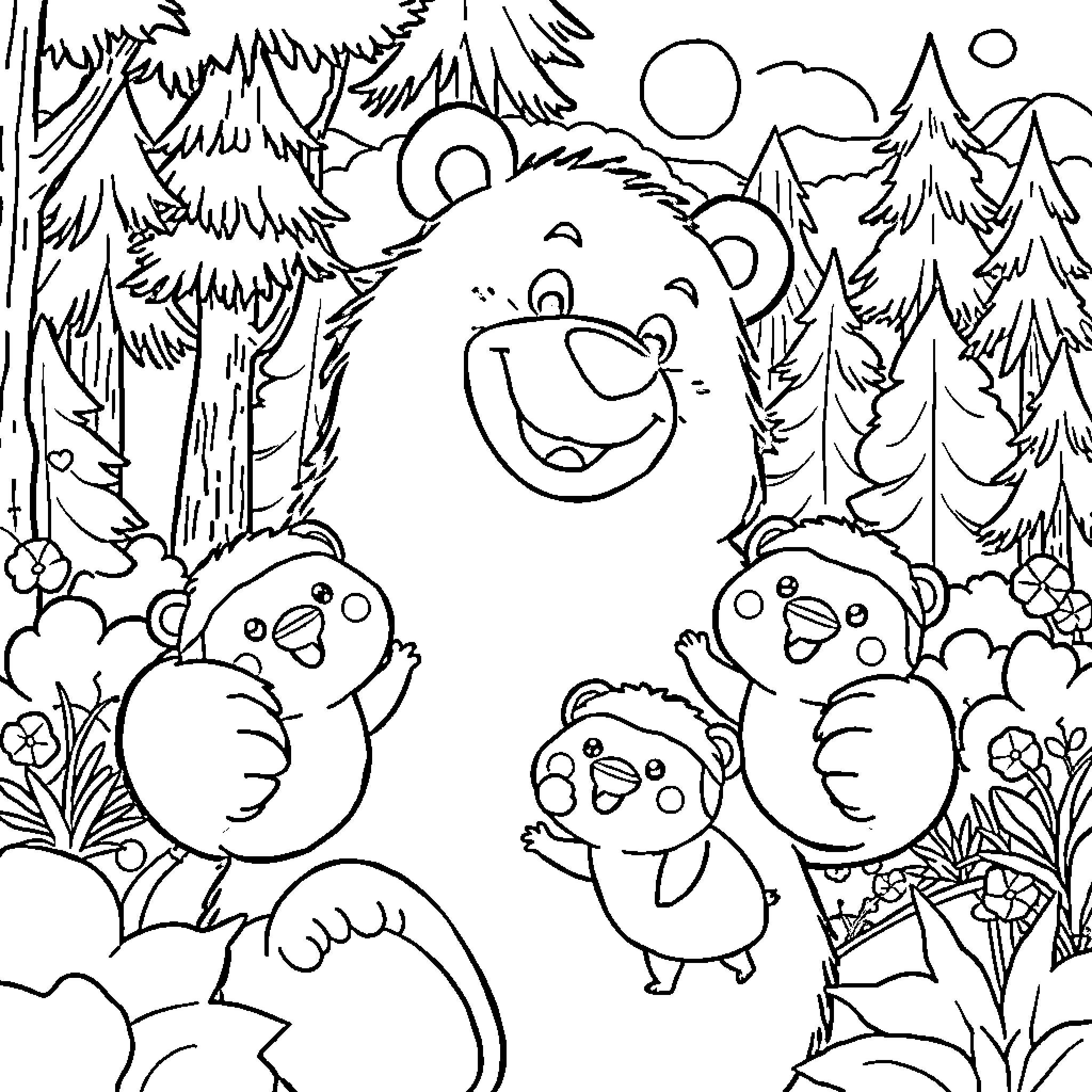 Grizzy's Playful Adventure in the Forest Coloring Page (free black-and-white line drawing printable PDF for all, from beginners to advanced learners, including children, teens, adults, and seniors)