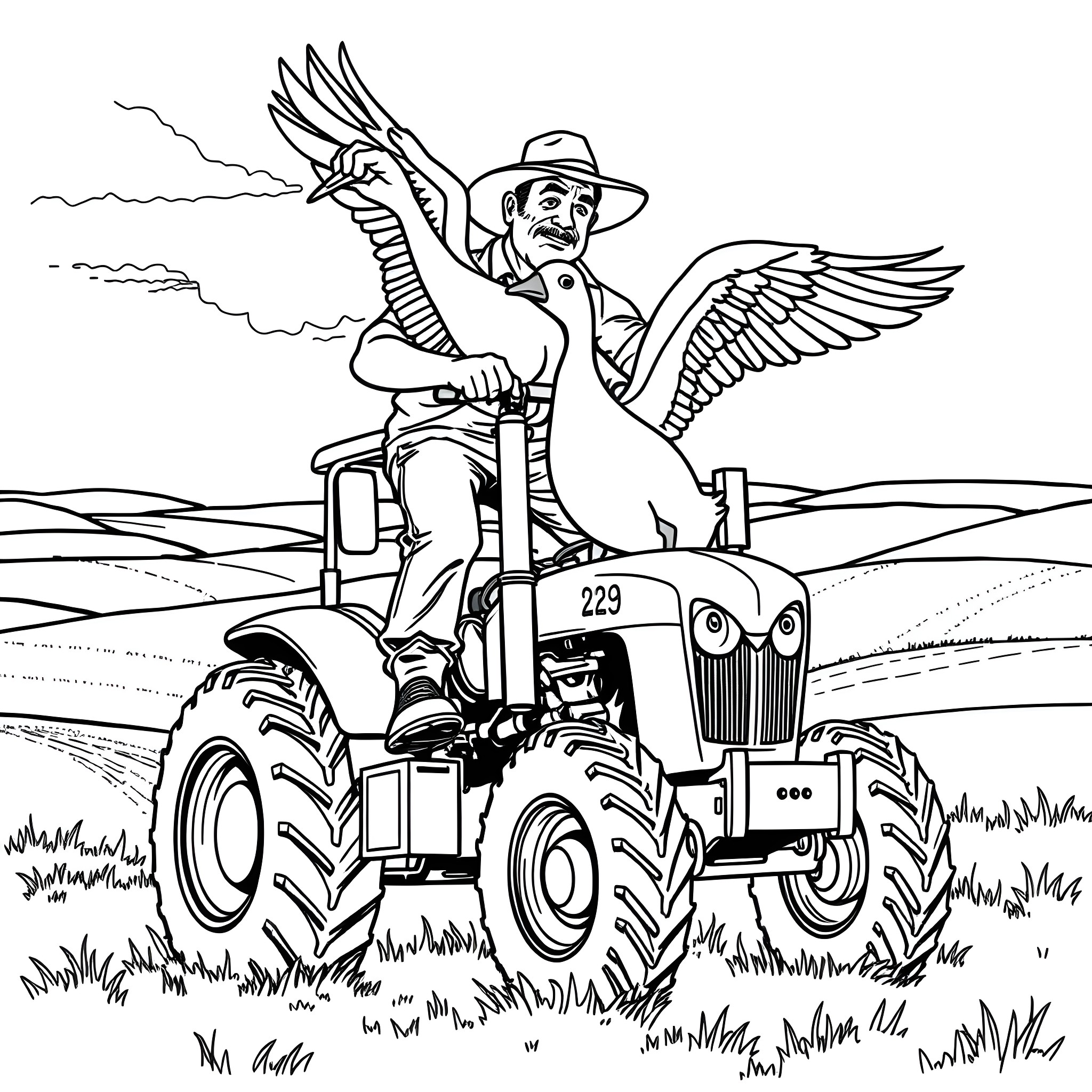 Farmer riding tractor with wings Coloring Page (free black-and-white line drawing printable PDF for all, from beginners to advanced learners, including children, teens, adults, and seniors)