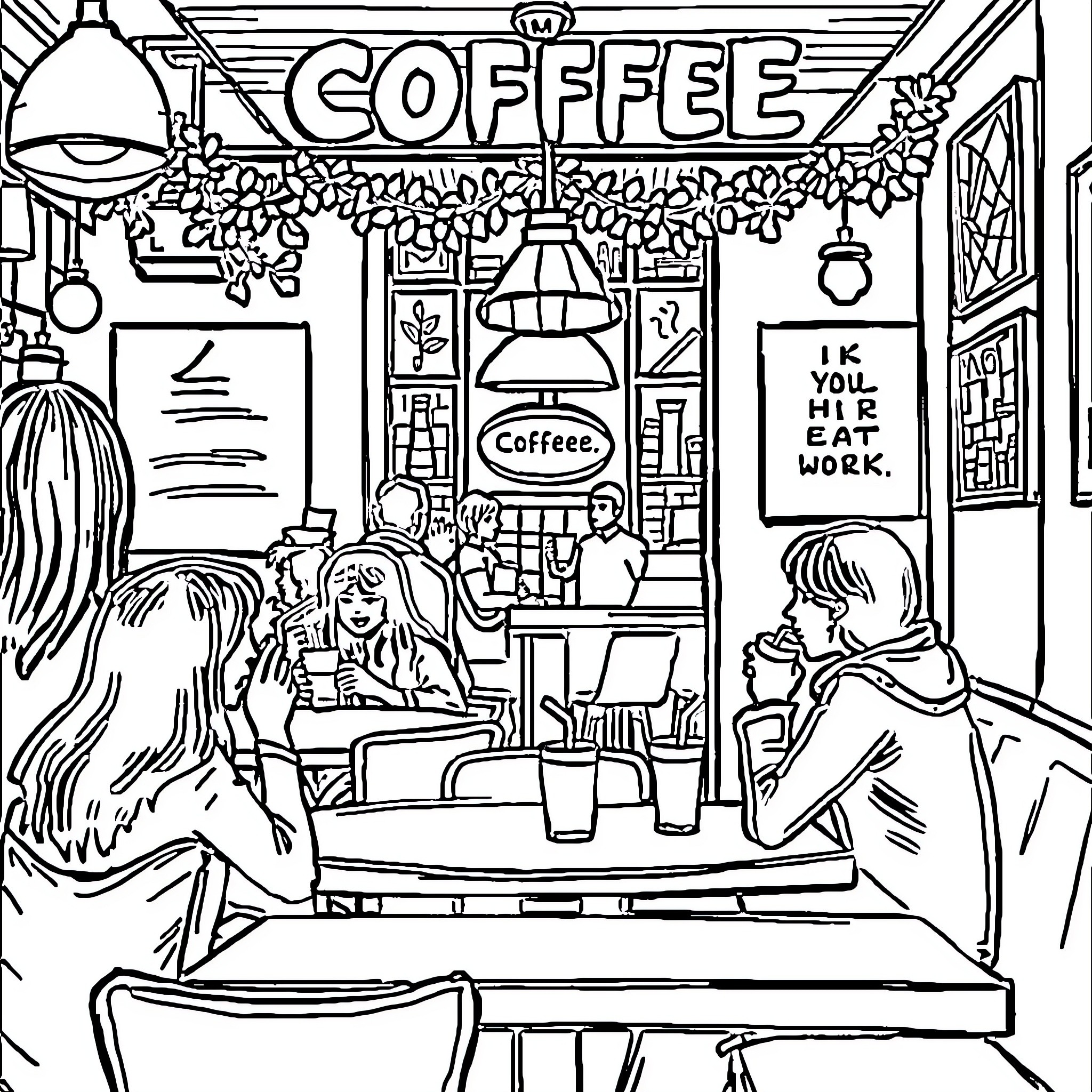 Coffee Shop with Patrons Enjoying Beverages and Socializing Coloring Page (free black-and-white line drawing printable PDF for all, from beginners to advanced learners, including children, teens, adults, and seniors)
