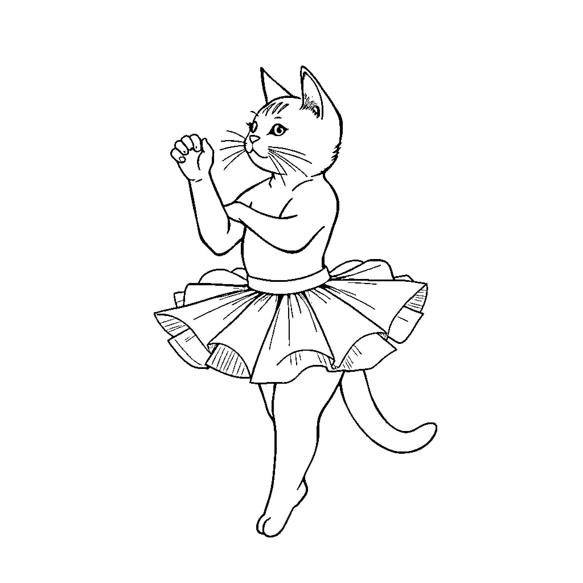 Cat dressed as a dancer in a tutu Coloring Page (free black-and-white line drawing printable PDF for all, from beginners to advanced learners, including children, teens, adults, and seniors)