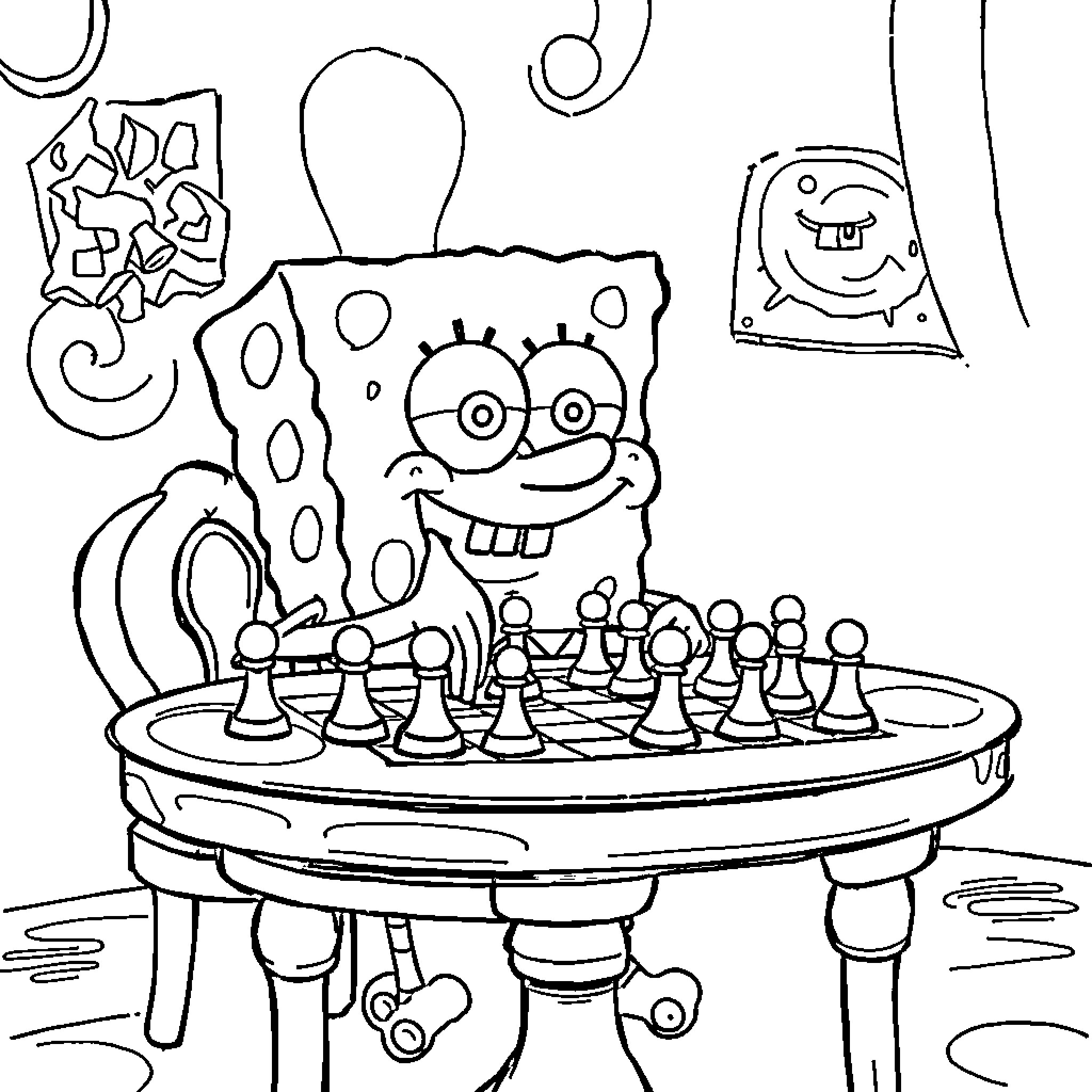 Spongebob playing a game of chess Coloring Page (free black-and-white line drawing printable PDF for all, from beginners to advanced learners, including children, teens, adults, and seniors)