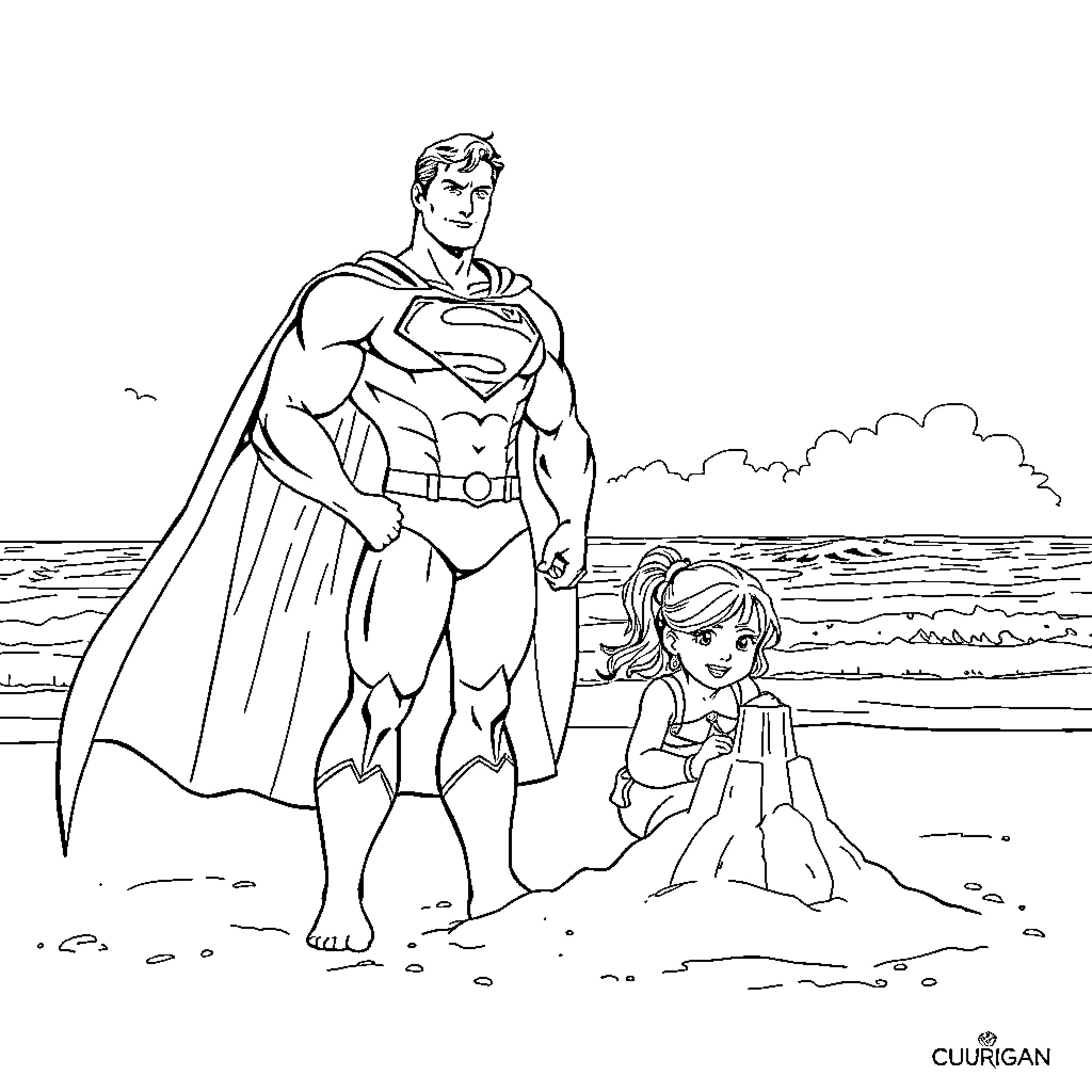 Superman protecting a child on the beach Coloring Page (free black-and-white line drawing printable PDF for all, from beginners to advanced learners, including children, teens, adults, and seniors)