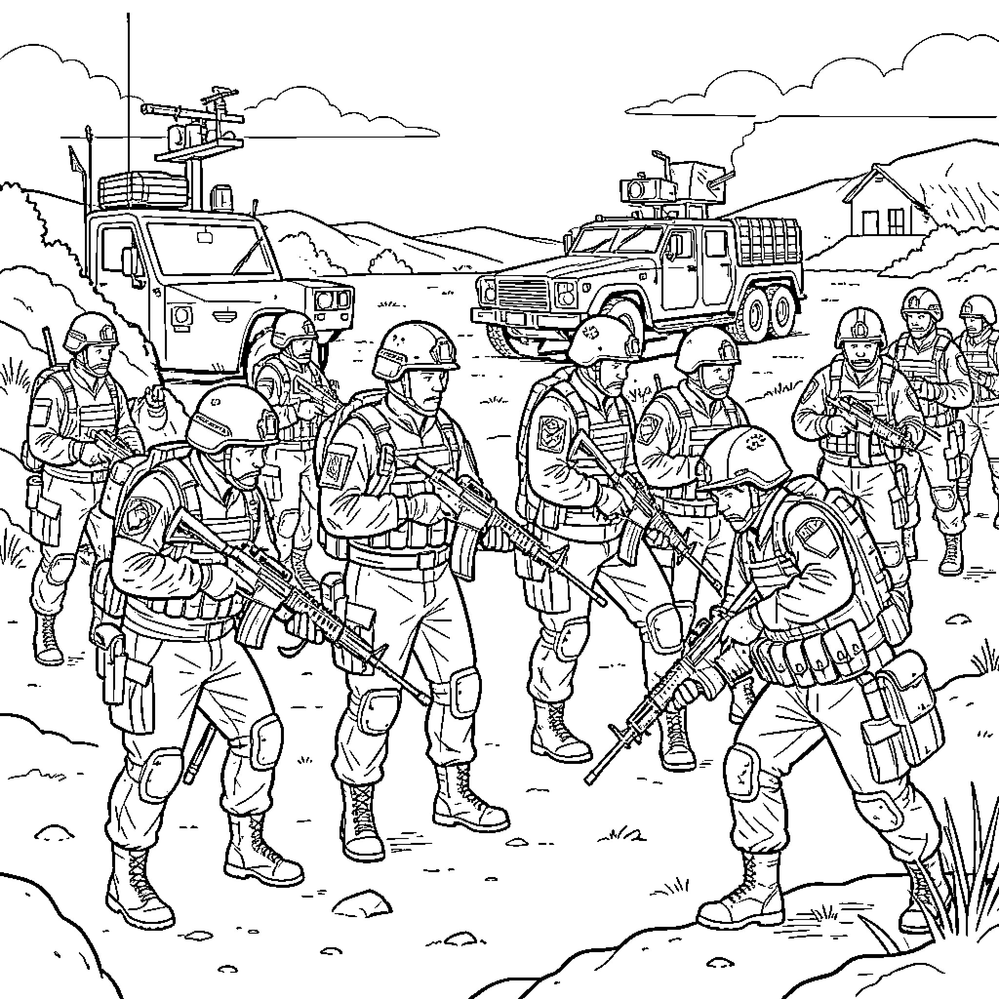 Military Personnel in Combat Gear and Vehicles Coloring Page (free black-and-white line drawing printable PDF for all, from beginners to advanced learners, including children, teens, adults, and seniors)