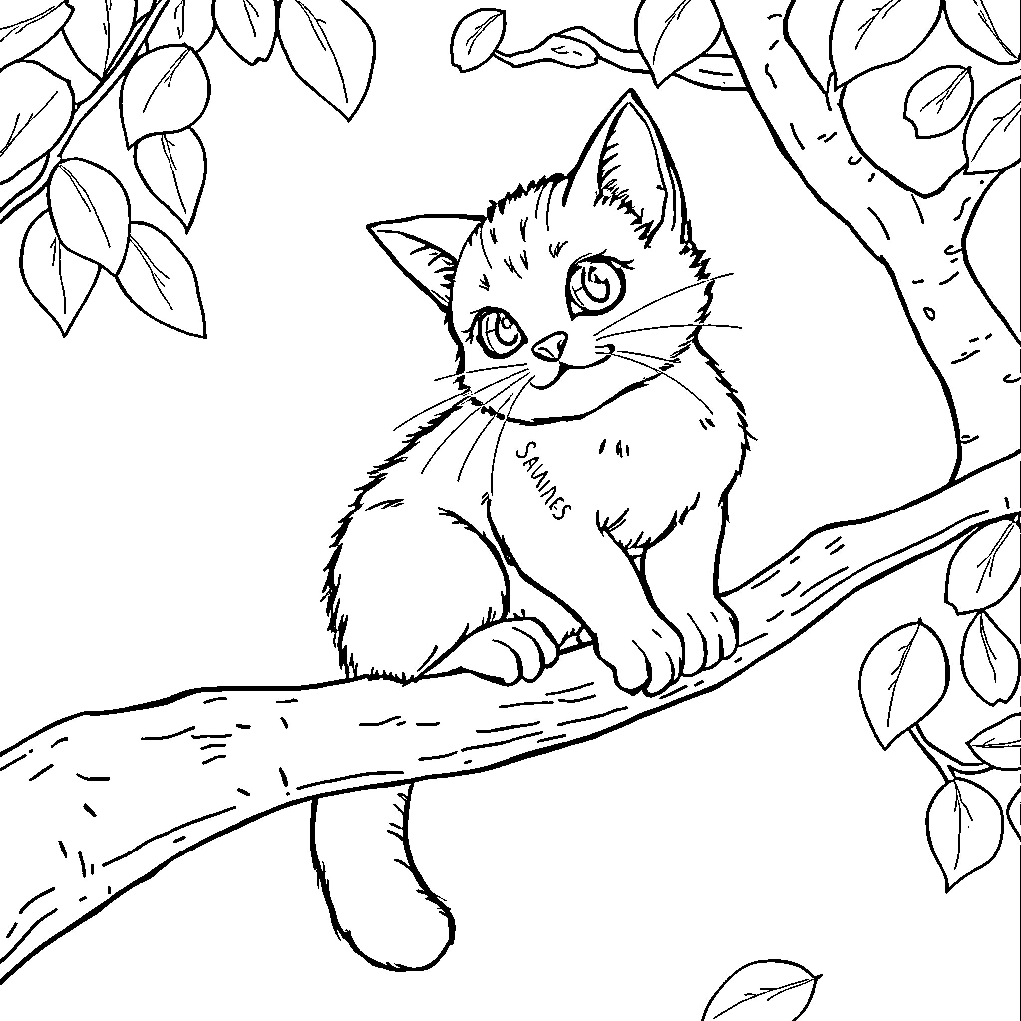 Cat resting peacefully in the forest Coloring Page (free black-and-white line drawing printable PDF for all, from beginners to advanced learners, including children, teens, adults, and seniors)