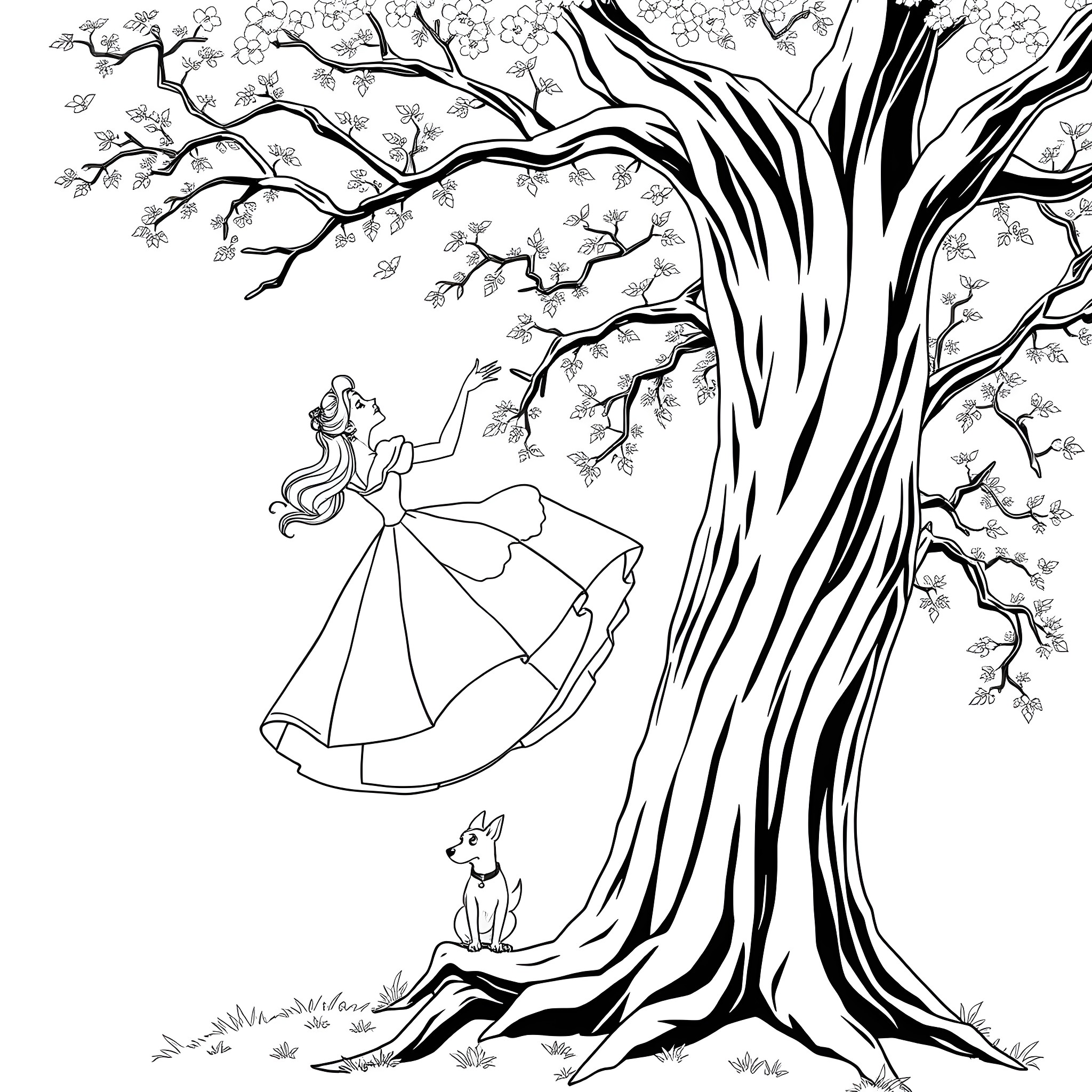 Belle's Enchanted Garden Adventure Coloring Page (free black-and-white line drawing printable PDF for all, from beginners to advanced learners, including children, teens, adults, and seniors)