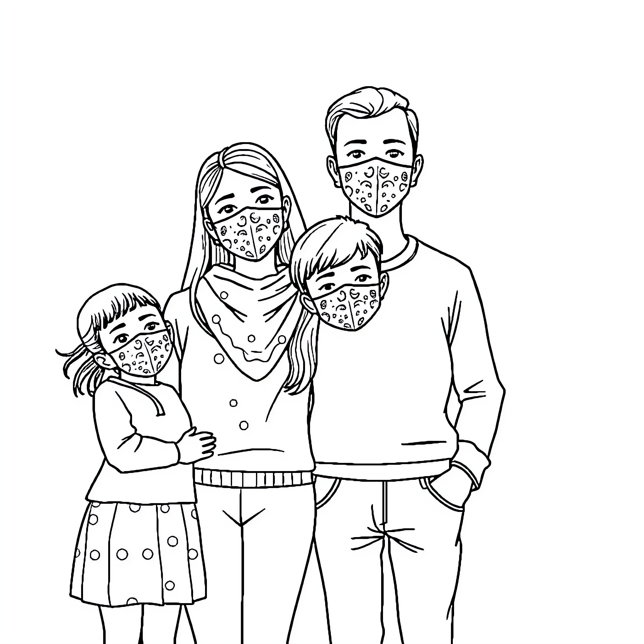 Family wearing protective masks Coloring Page (free black-and-white line drawing printable PDF for all, from beginners to advanced learners, including children, teens, adults, and seniors)