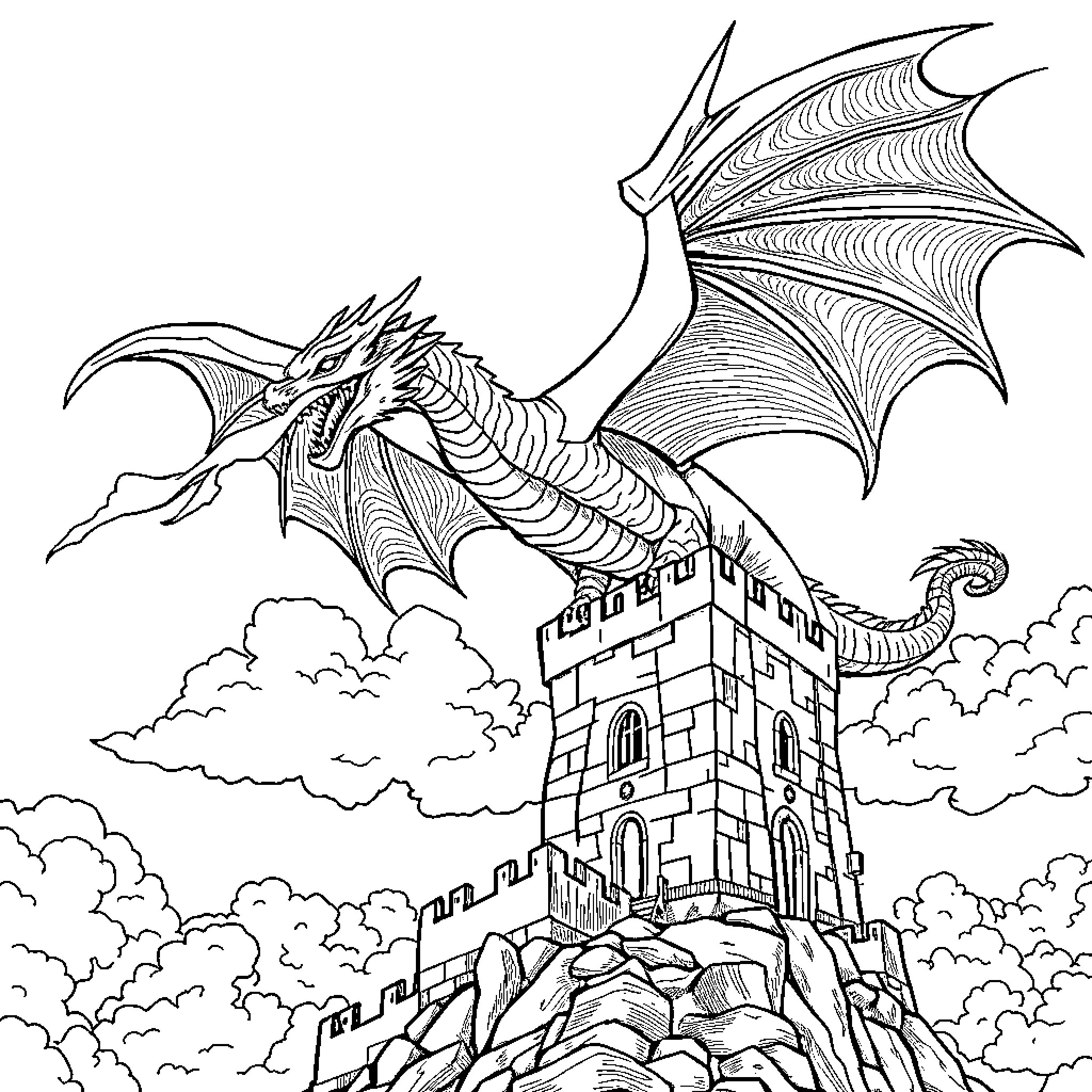 Dragon flying above a medieval castle Coloring Page (free black-and-white line drawing printable PDF for all, from beginners to advanced learners, including children, teens, adults, and seniors)