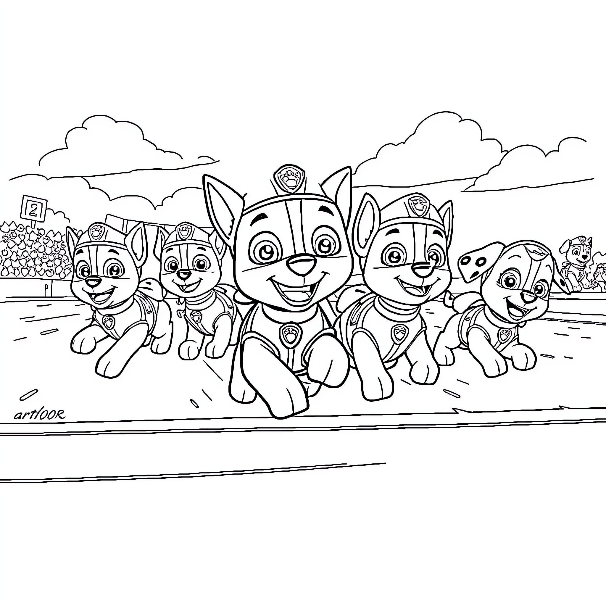 Paw Patrol characters in action poses Coloring Page (free black-and-white line drawing printable PDF for all, from beginners to advanced learners, including children, teens, adults, and seniors)