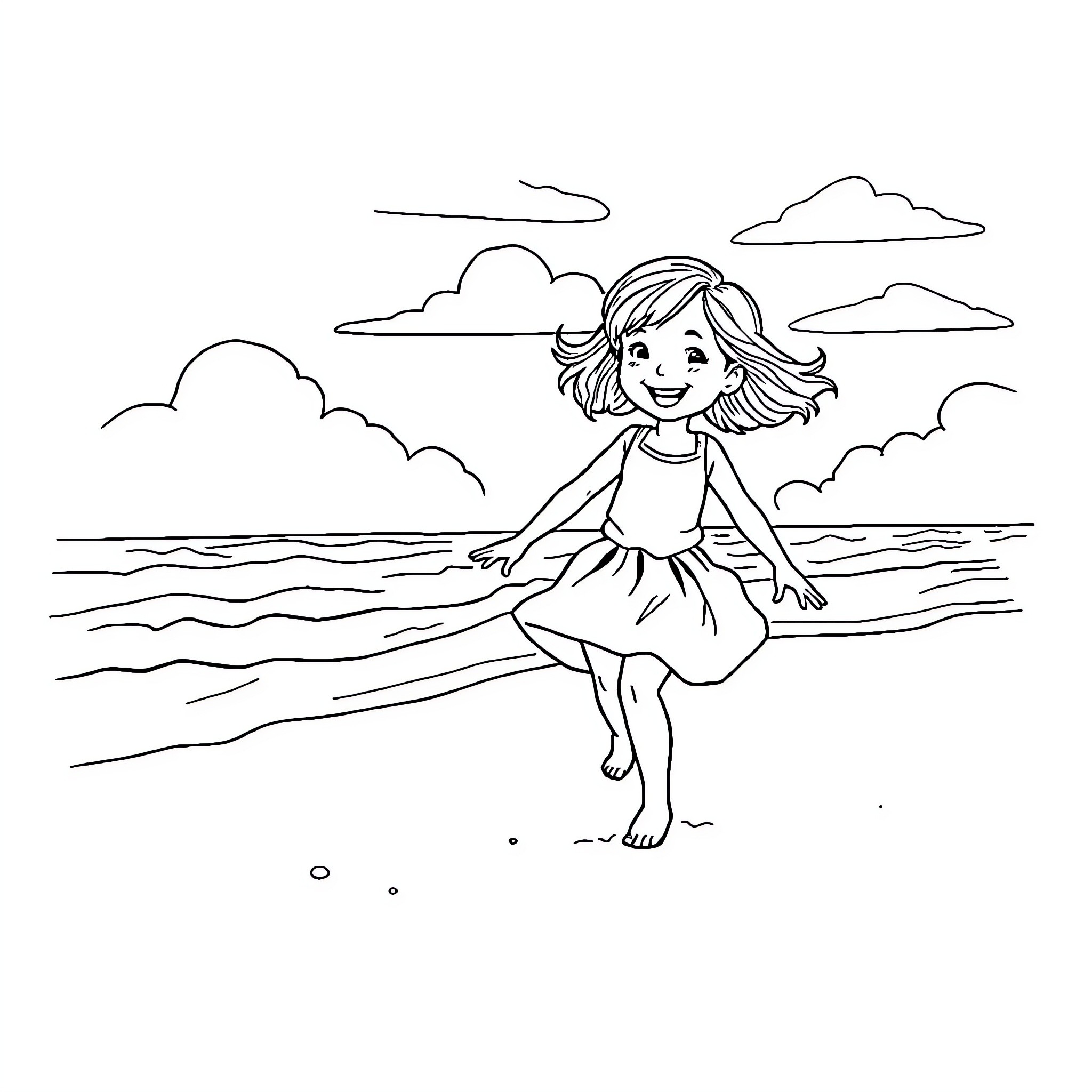 Girl playing joyfully on the beach Coloring Page (free black-and-white line drawing printable PDF for all, from beginners to advanced learners, including children, teens, adults, and seniors)