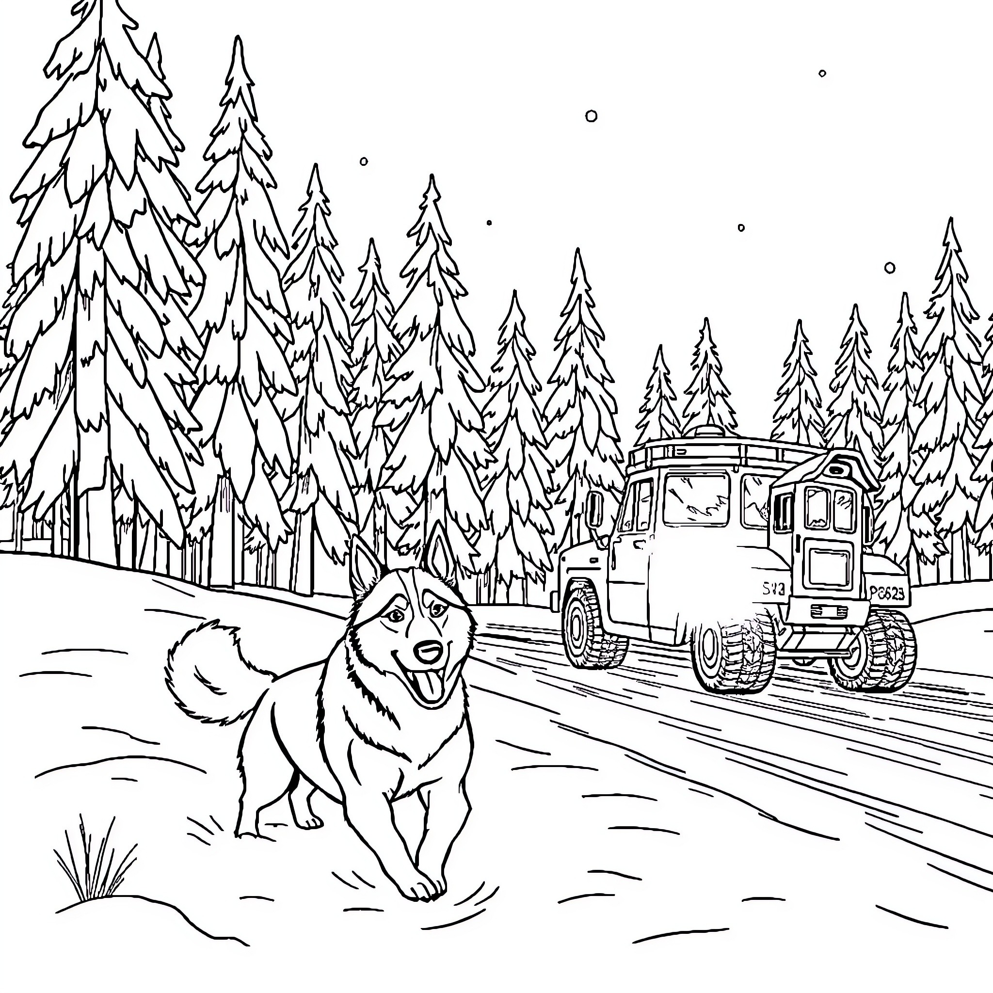 Husky playing in snowy forest with off-road vehicle Coloring Page (free black-and-white line drawing printable PDF for all, from beginners to advanced learners, including children, teens, adults, and seniors)